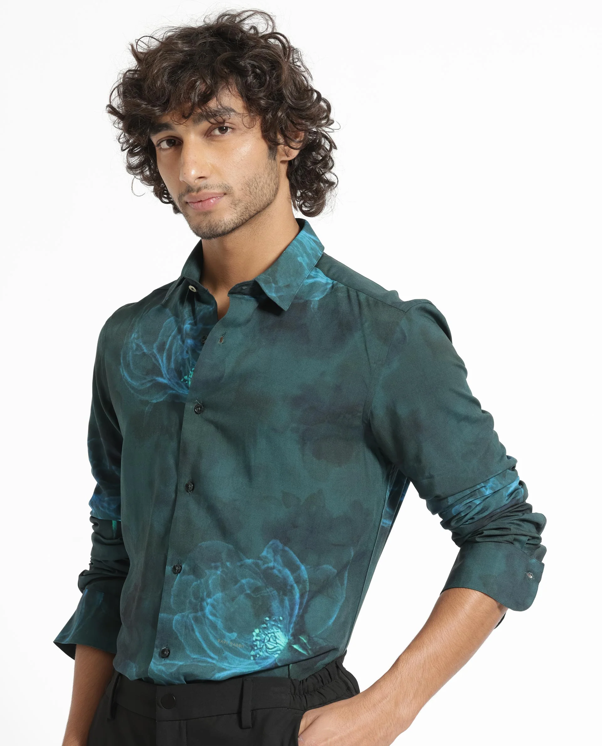 Rare Rabbit Men's Alwick Dark Green Viscose Floral Print Regular Fit Full Sleeve Collared Shirt - Image 8