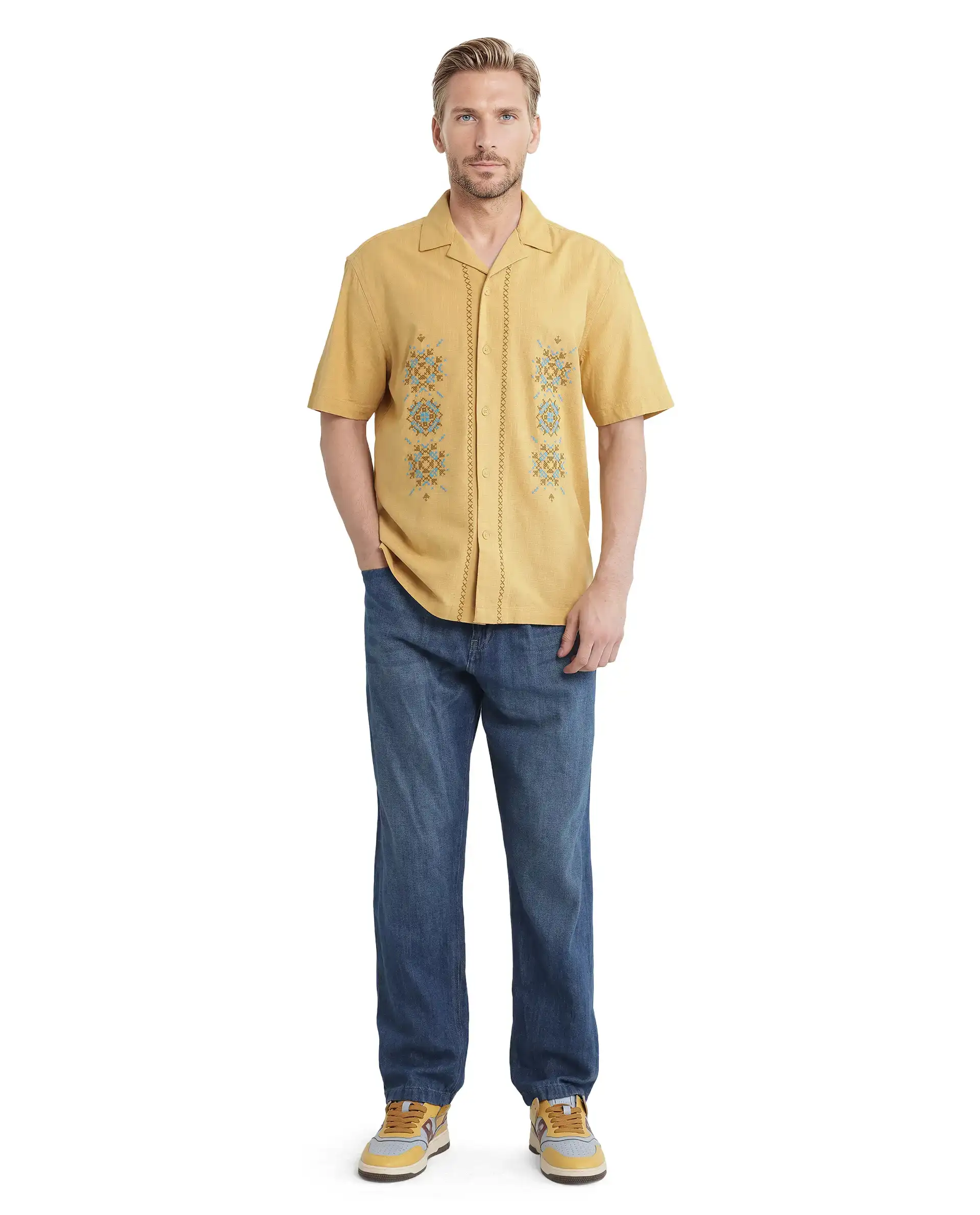 Rare Rabbit Men's Alxum Mustard Cotton Blend Embroidered Boxy Fit Half Sleeve Cuban Collar Shirt - Image 2