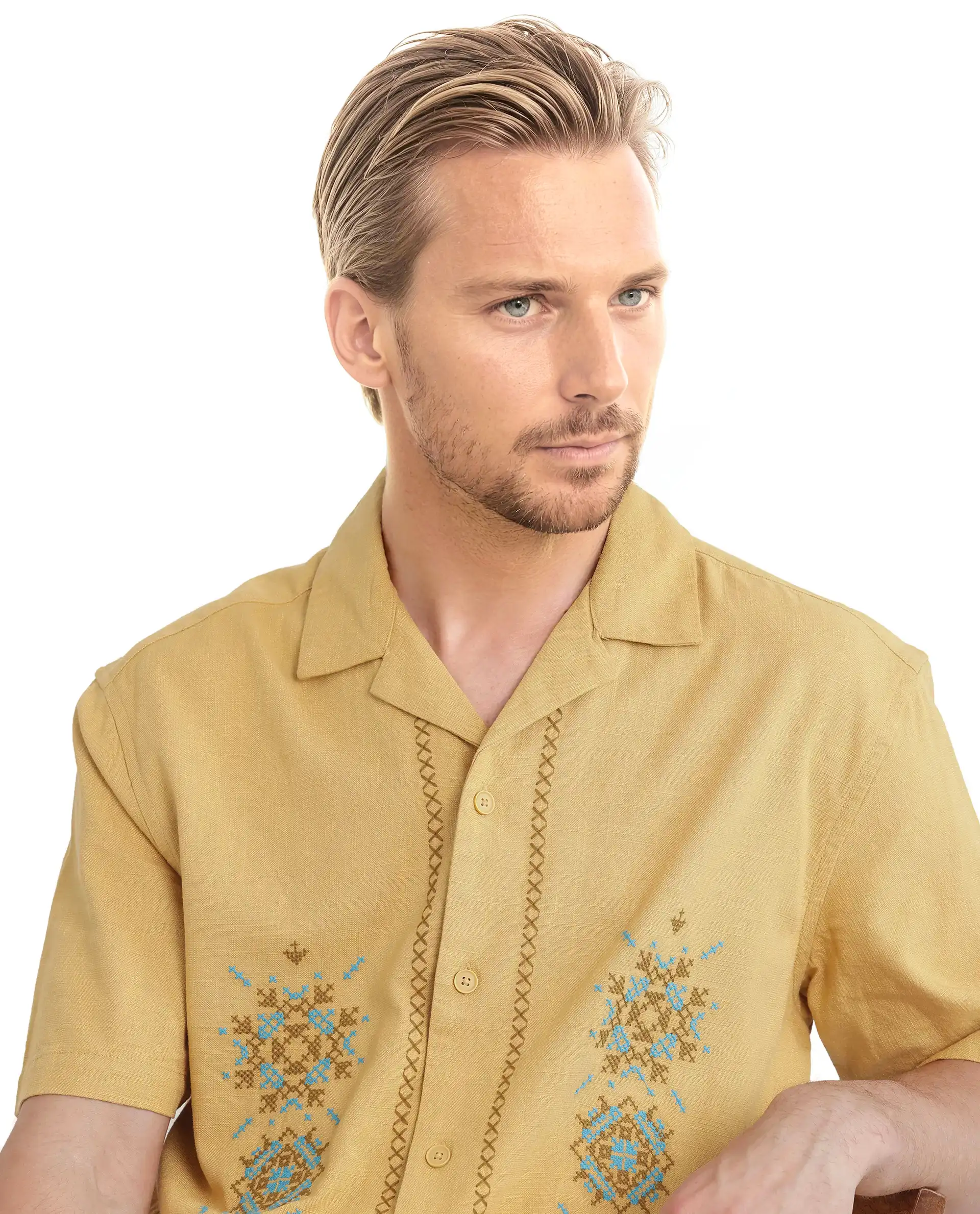 Rare Rabbit Men's Alxum Mustard Cotton Blend Embroidered Boxy Fit Half Sleeve Cuban Collar Shirt - Image 3