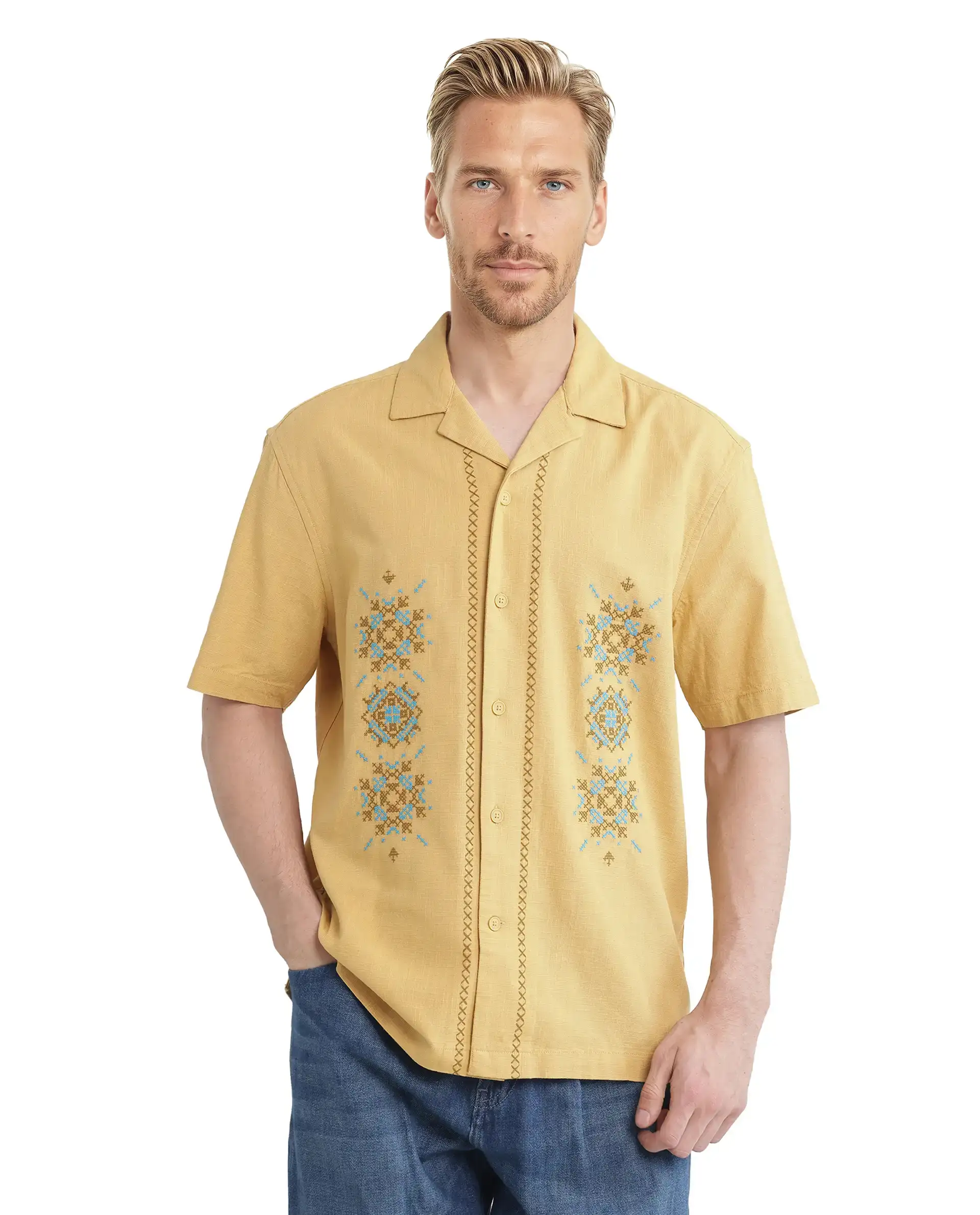 Rare Rabbit Men's Alxum Mustard Cotton Blend Embroidered Boxy Fit Half Sleeve Cuban Collar Shirt - Image 4