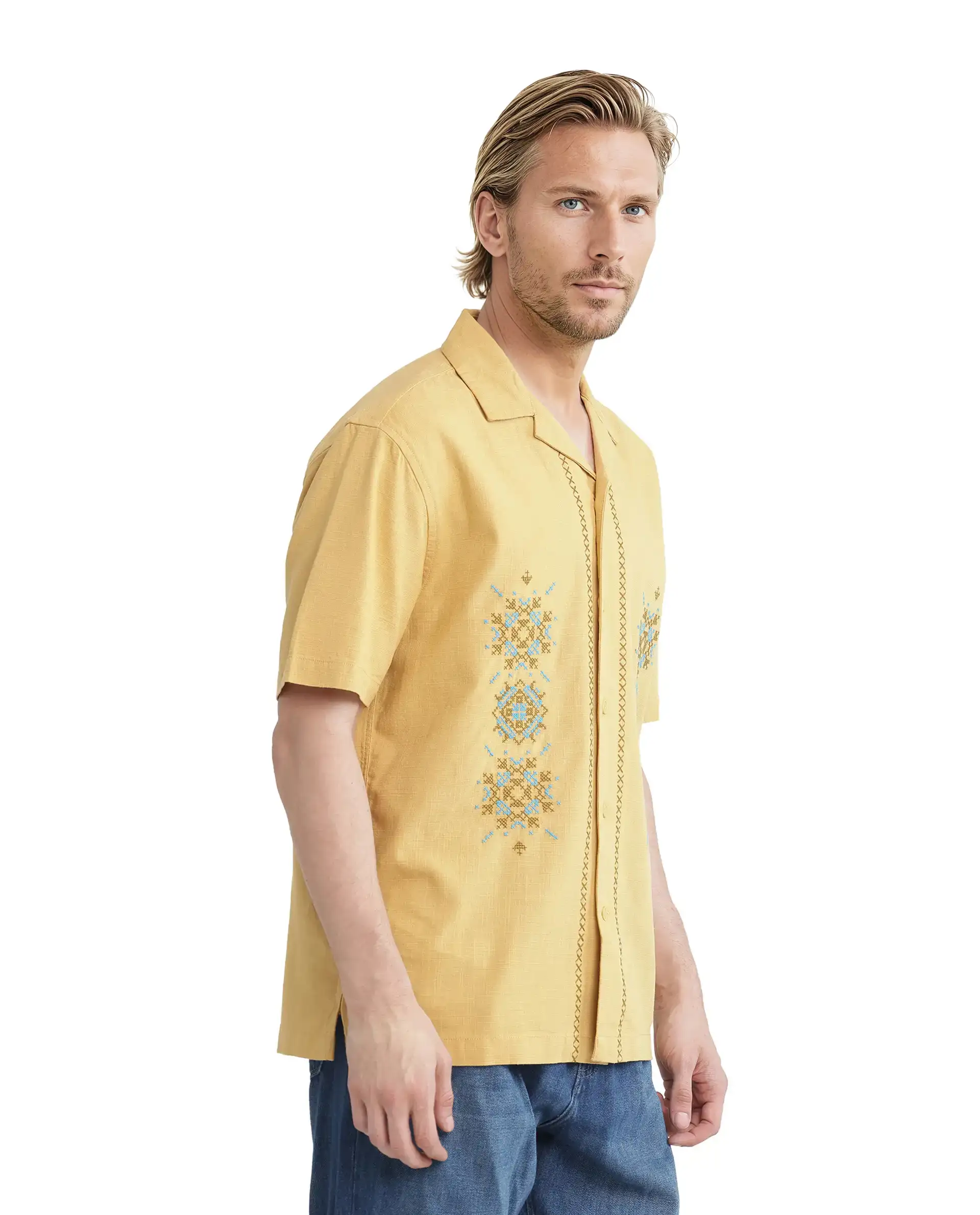 Rare Rabbit Men's Alxum Mustard Cotton Blend Embroidered Boxy Fit Half Sleeve Cuban Collar Shirt - Image 6