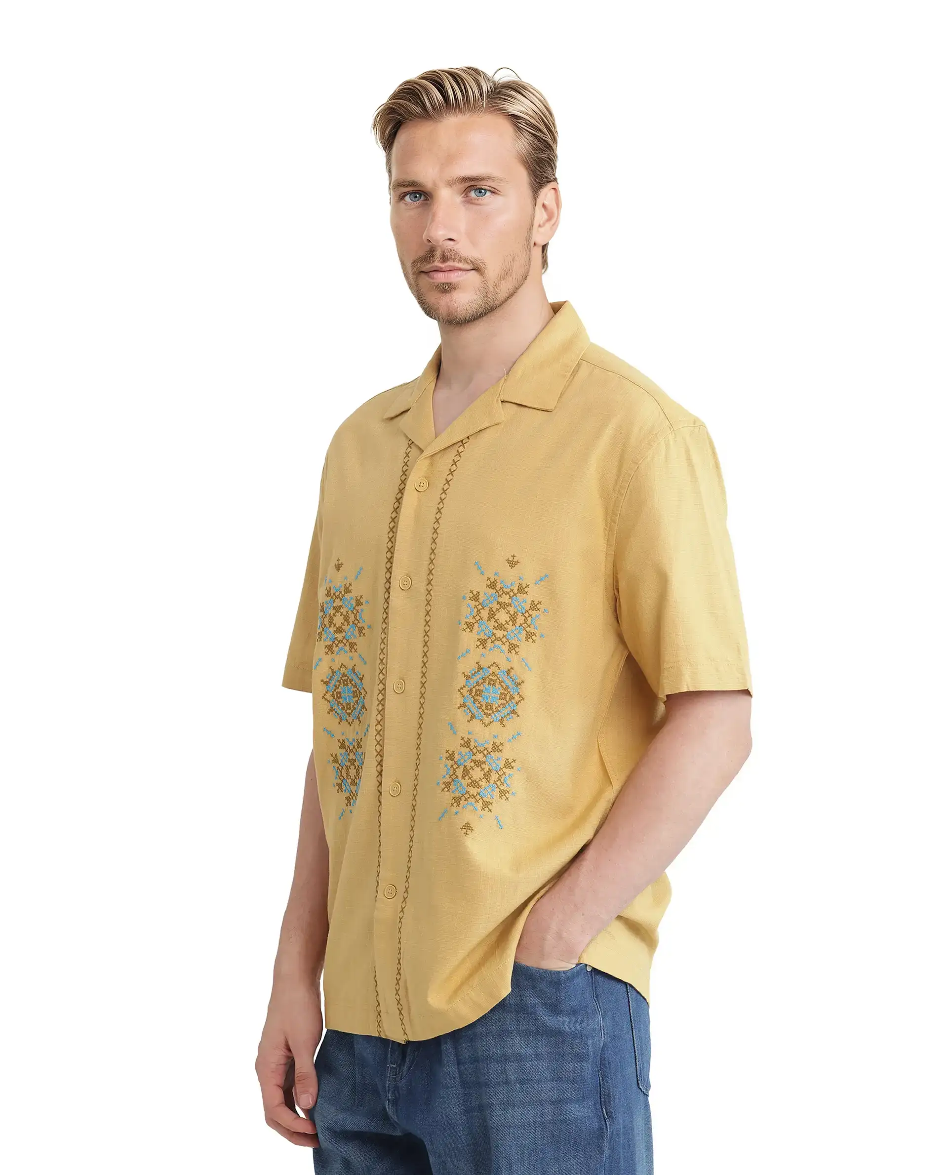 Rare Rabbit Men's Alxum Mustard Cotton Blend Embroidered Boxy Fit Half Sleeve Cuban Collar Shirt - Image 7