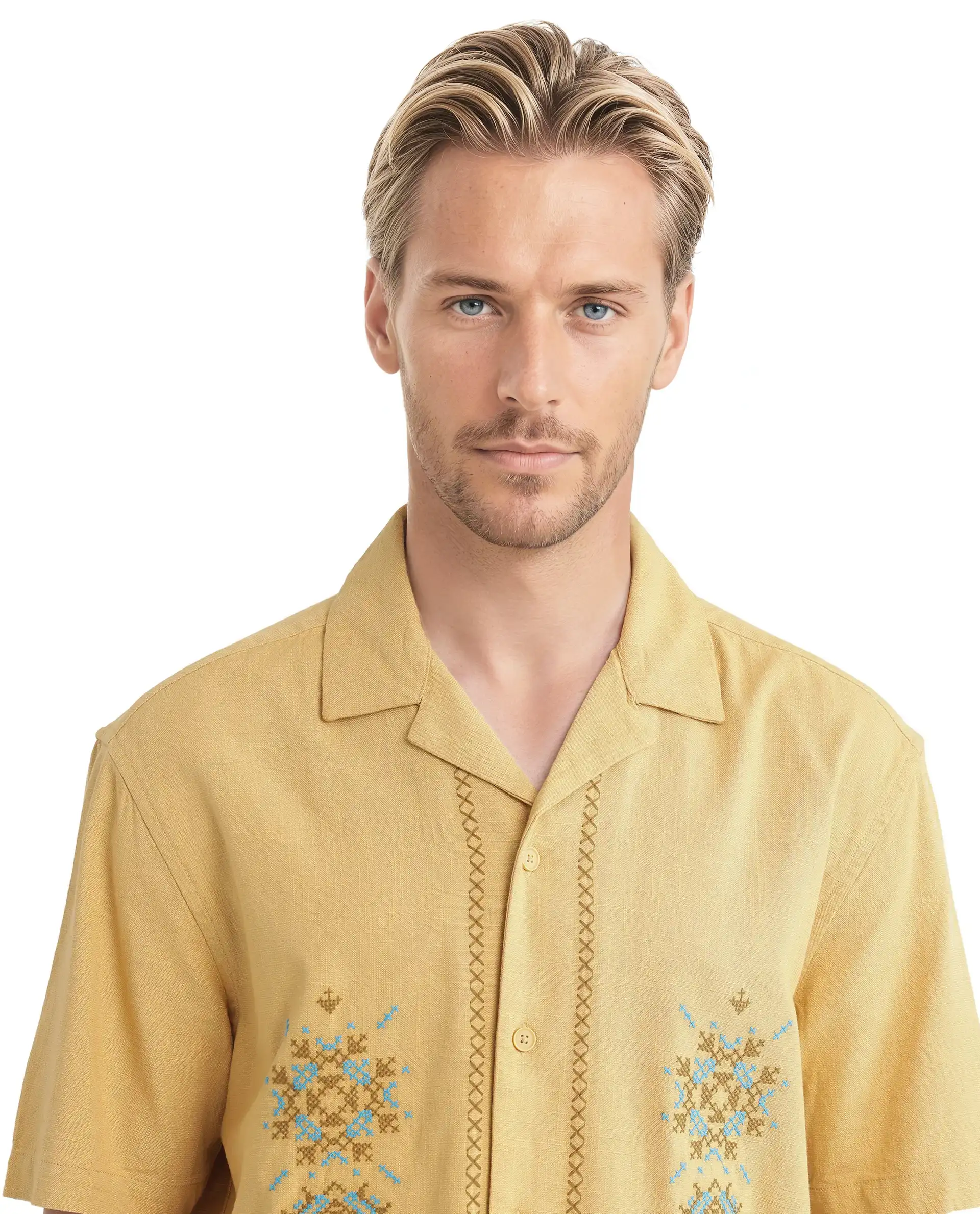 Rare Rabbit Men's Alxum Mustard Cotton Blend Embroidered Boxy Fit Half Sleeve Cuban Collar Shirt - Image 8