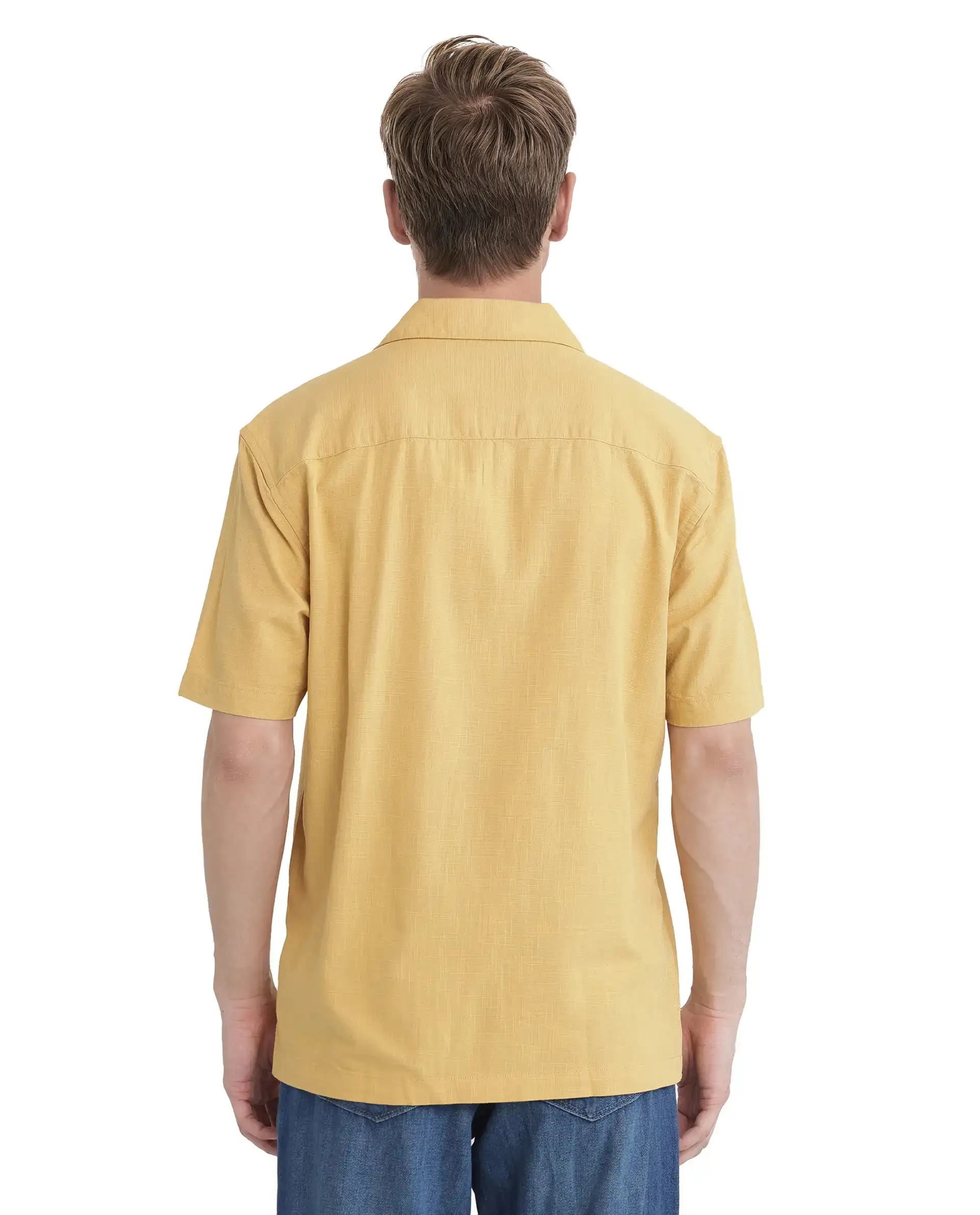 Rare Rabbit Men's Alxum Mustard Cotton Blend Embroidered Boxy Fit Half Sleeve Cuban Collar Shirt - Image 9
