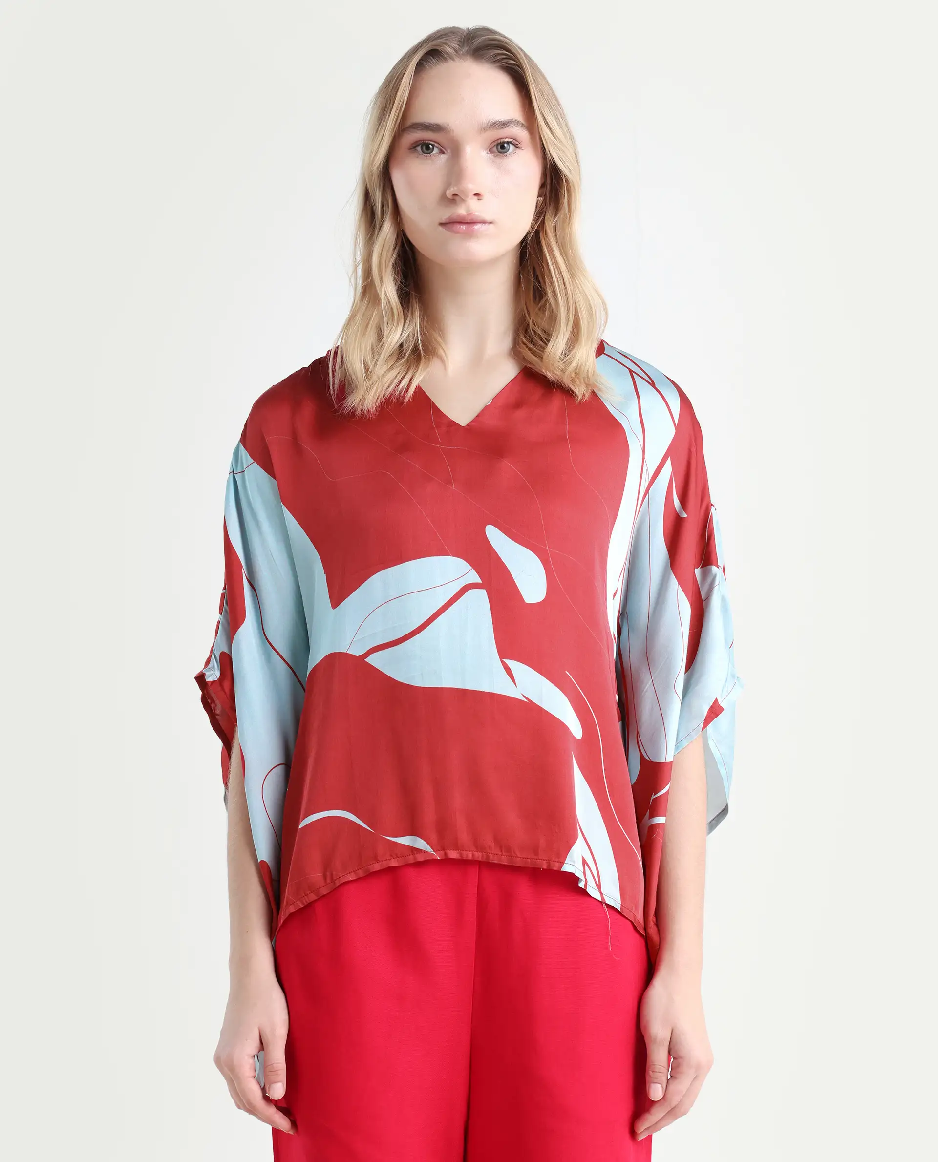 Rareism Women's Alyse Maroon Modal V-Neck Abstract Print Regular Fit Top - Image 3