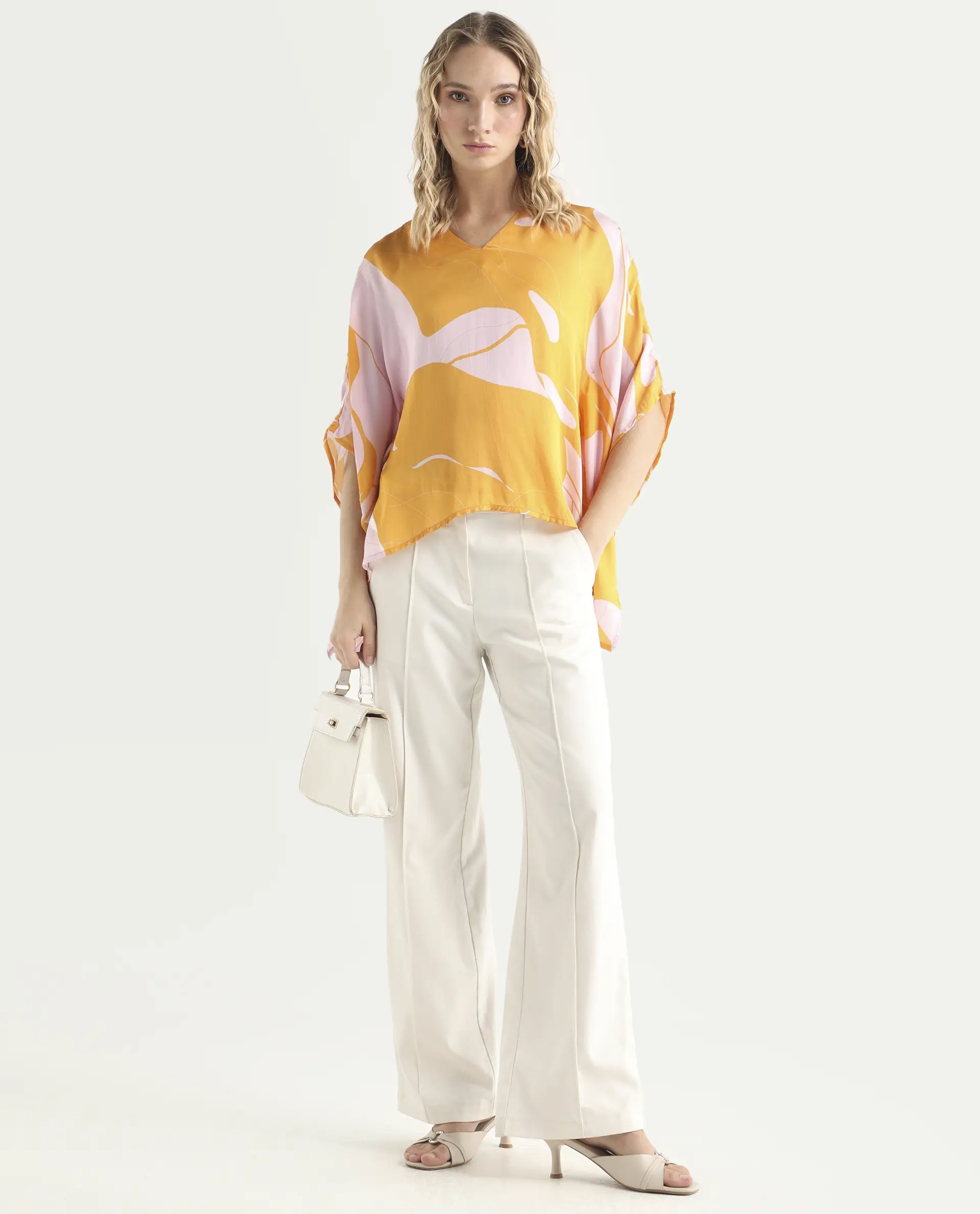 Rareism Women's Alyse Mustard Modal V-Neck Abstract Print Regular Fit Top - Image 2
