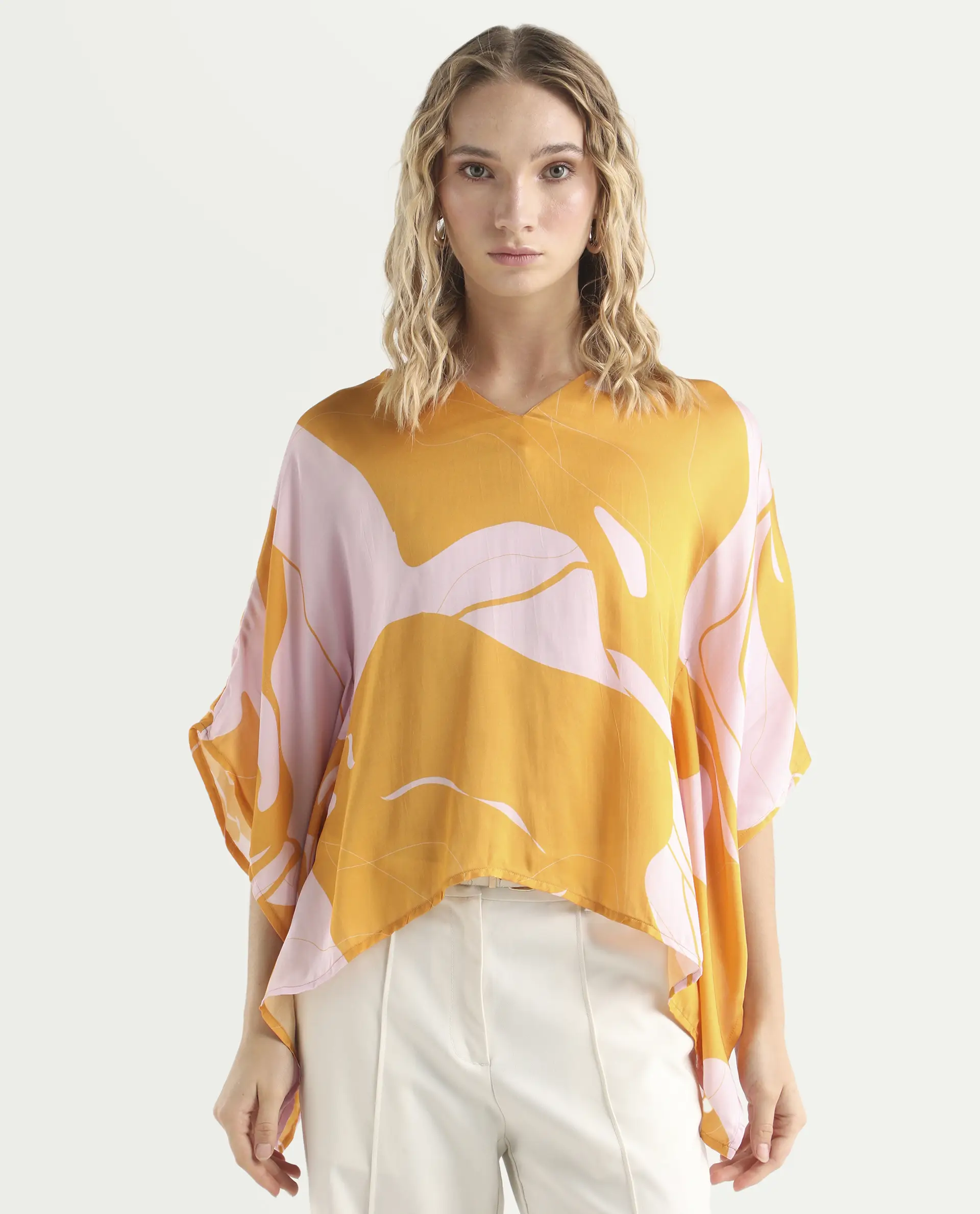 Rareism Women's Alyse Mustard Modal V-Neck Abstract Print Regular Fit Top - Image 3