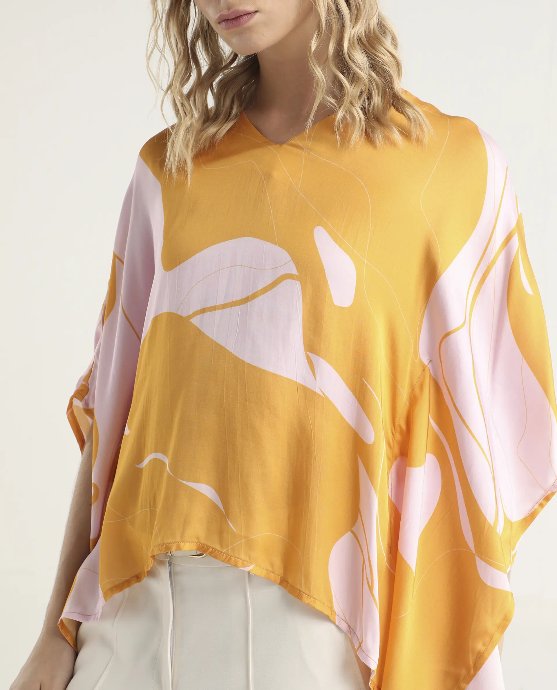 Rareism Women's Alyse Mustard Modal V-Neck Abstract Print Regular Fit Top - Image 4