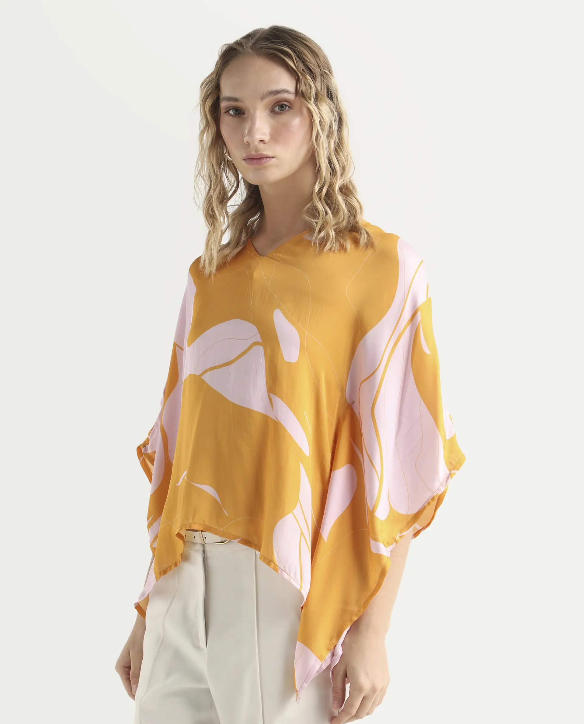 Rareism Women's Alyse Mustard Modal V-Neck Abstract Print Regular Fit Top - Image 5
