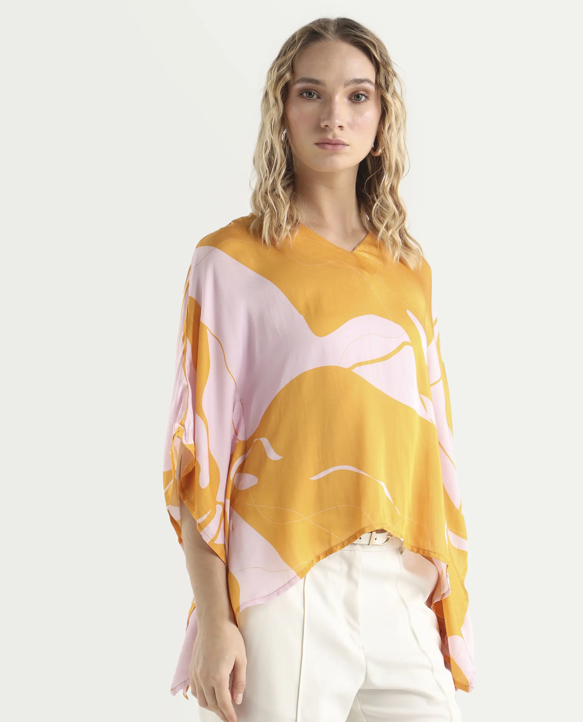 Rareism Women's Alyse Mustard Modal V-Neck Abstract Print Regular Fit Top - Image 6