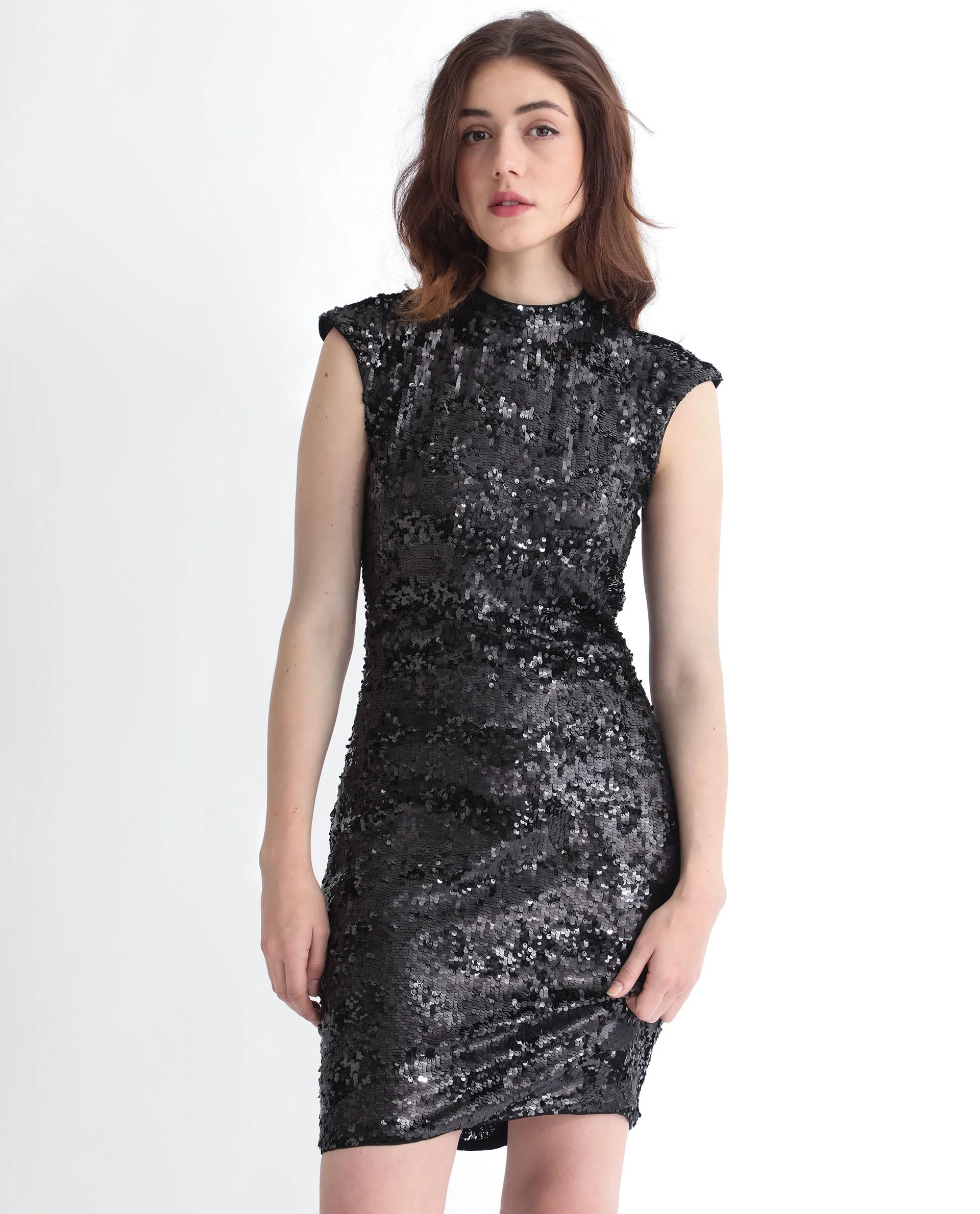 Rareism Women's Alzo Sheen Black Polyester High Neck Sequined Sleeveless Knee Length Regular Fit Dress
