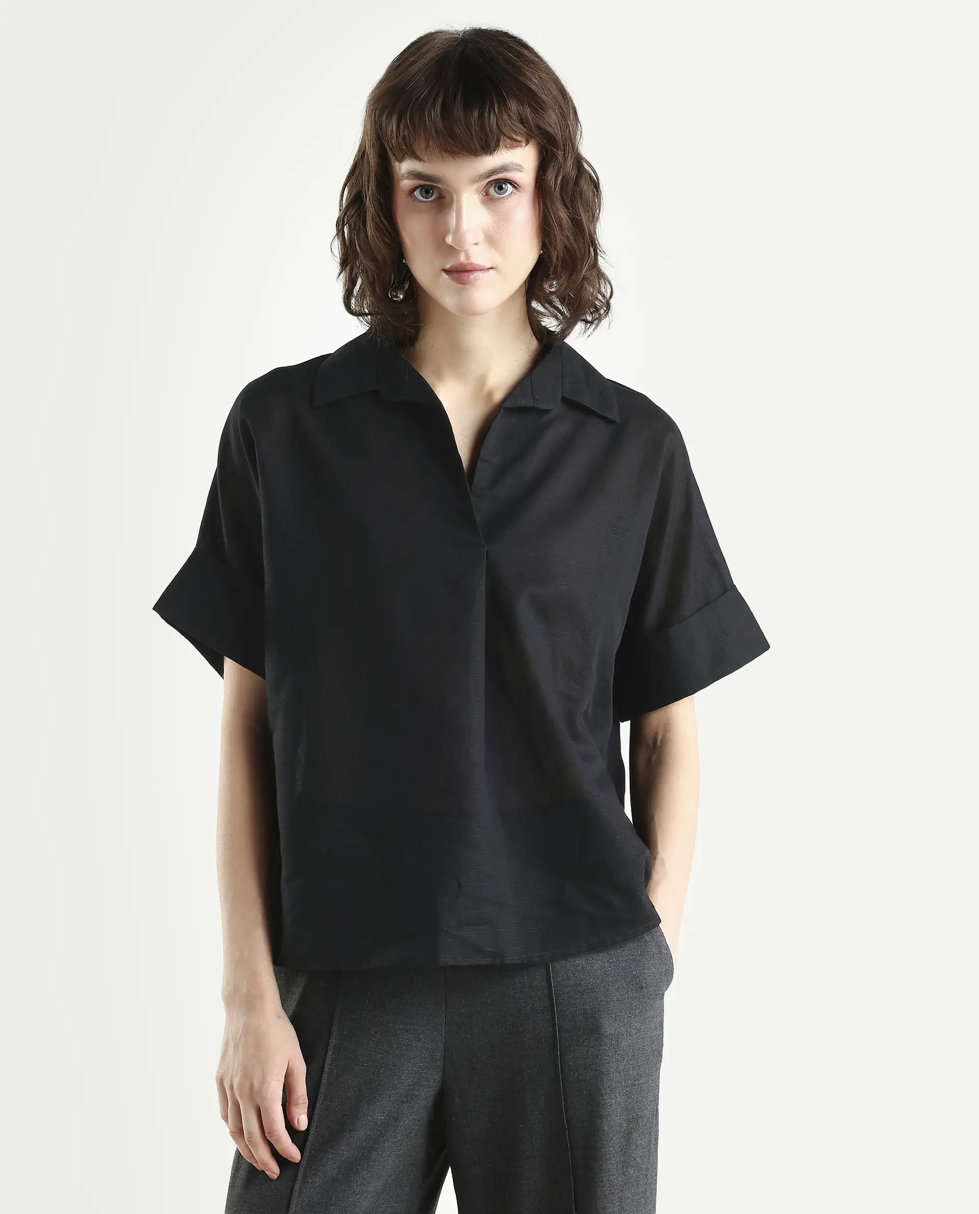 Rareism Women's Alzure Black Linen Blend Half Sleeve Jonny Collar Boxy Plain Top - Image 3