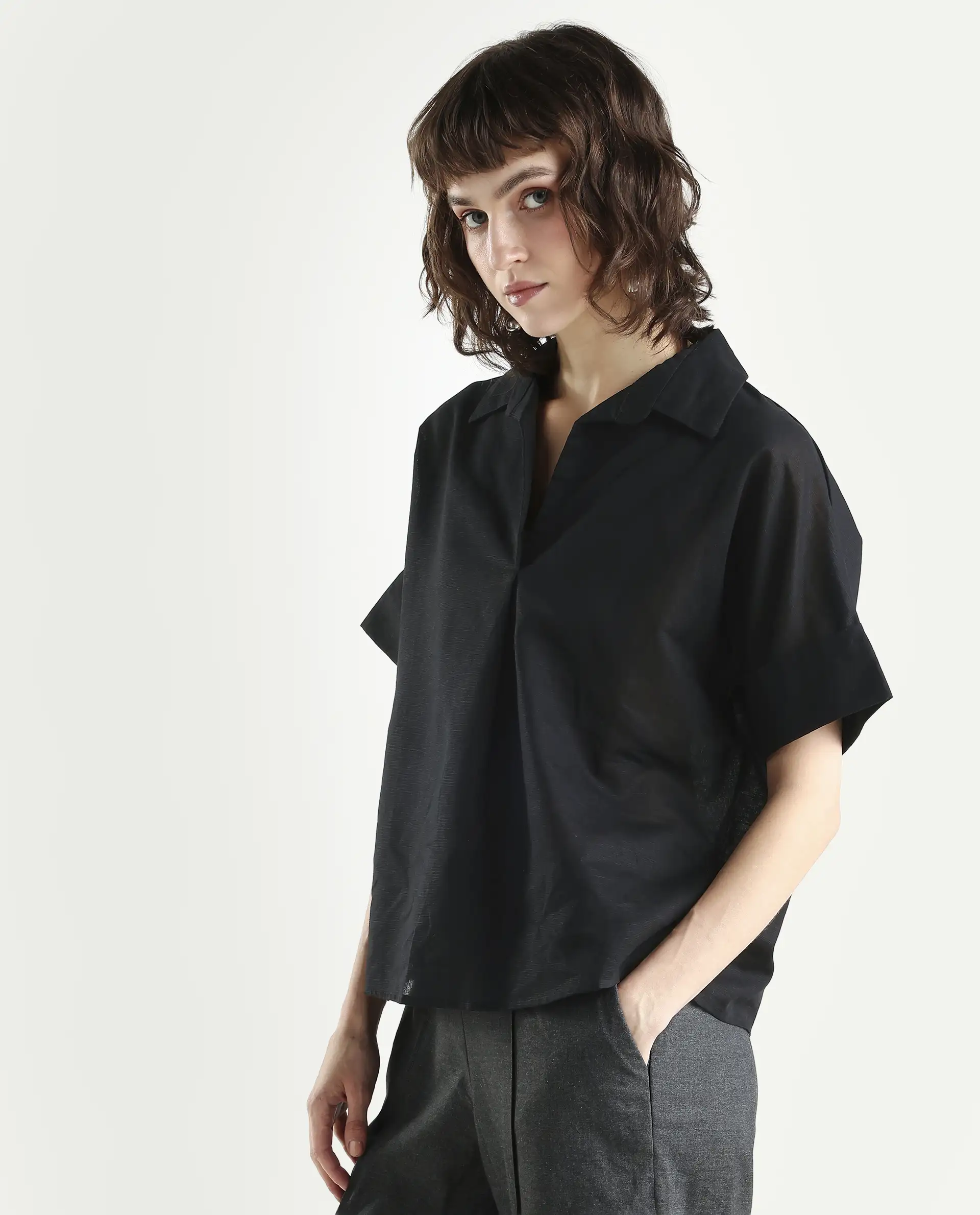 Rareism Women's Alzure Black Linen Blend Half Sleeve Jonny Collar Boxy Plain Top - Image 5