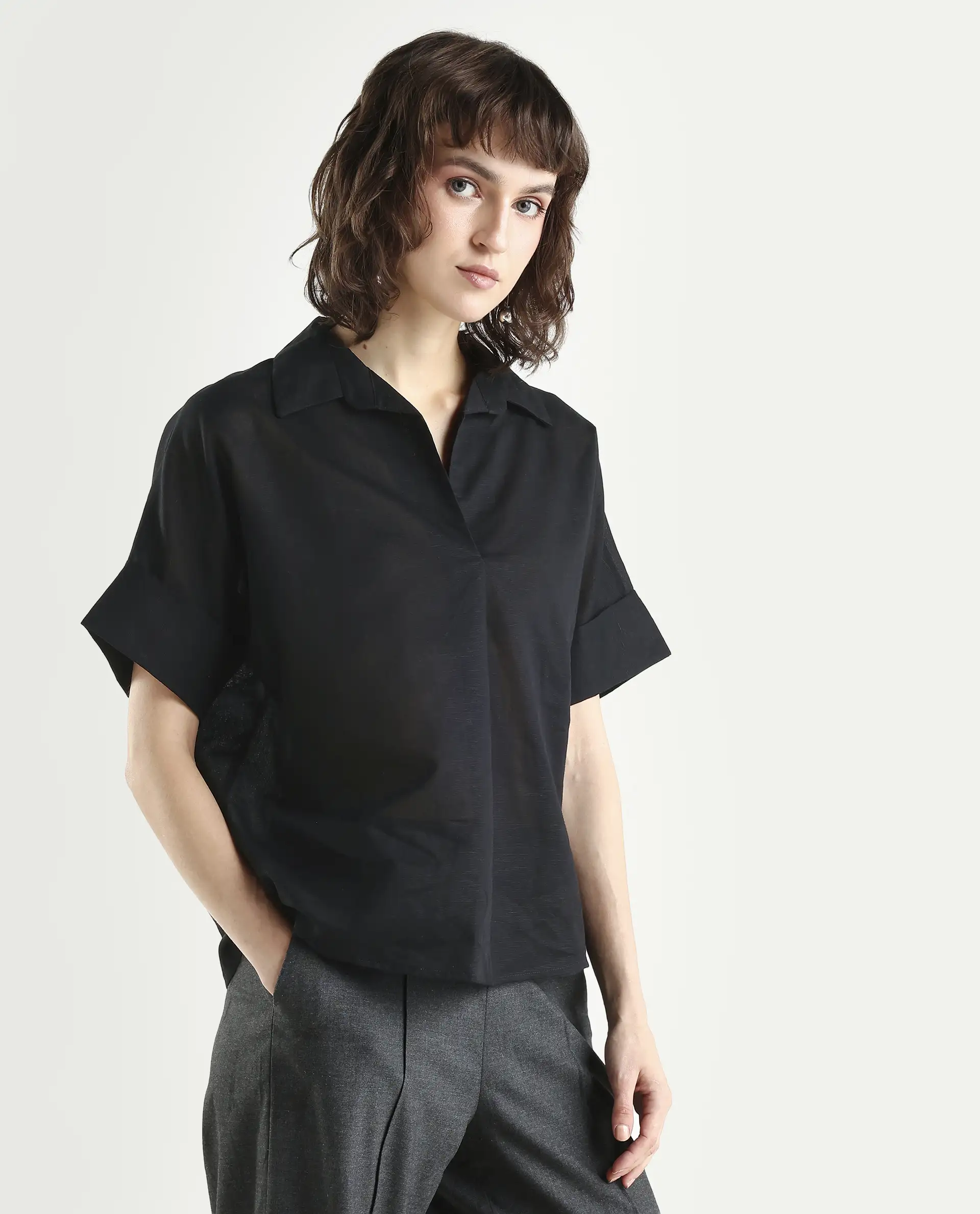 Rareism Women's Alzure Black Linen Blend Half Sleeve Jonny Collar Boxy Plain Top - Image 6