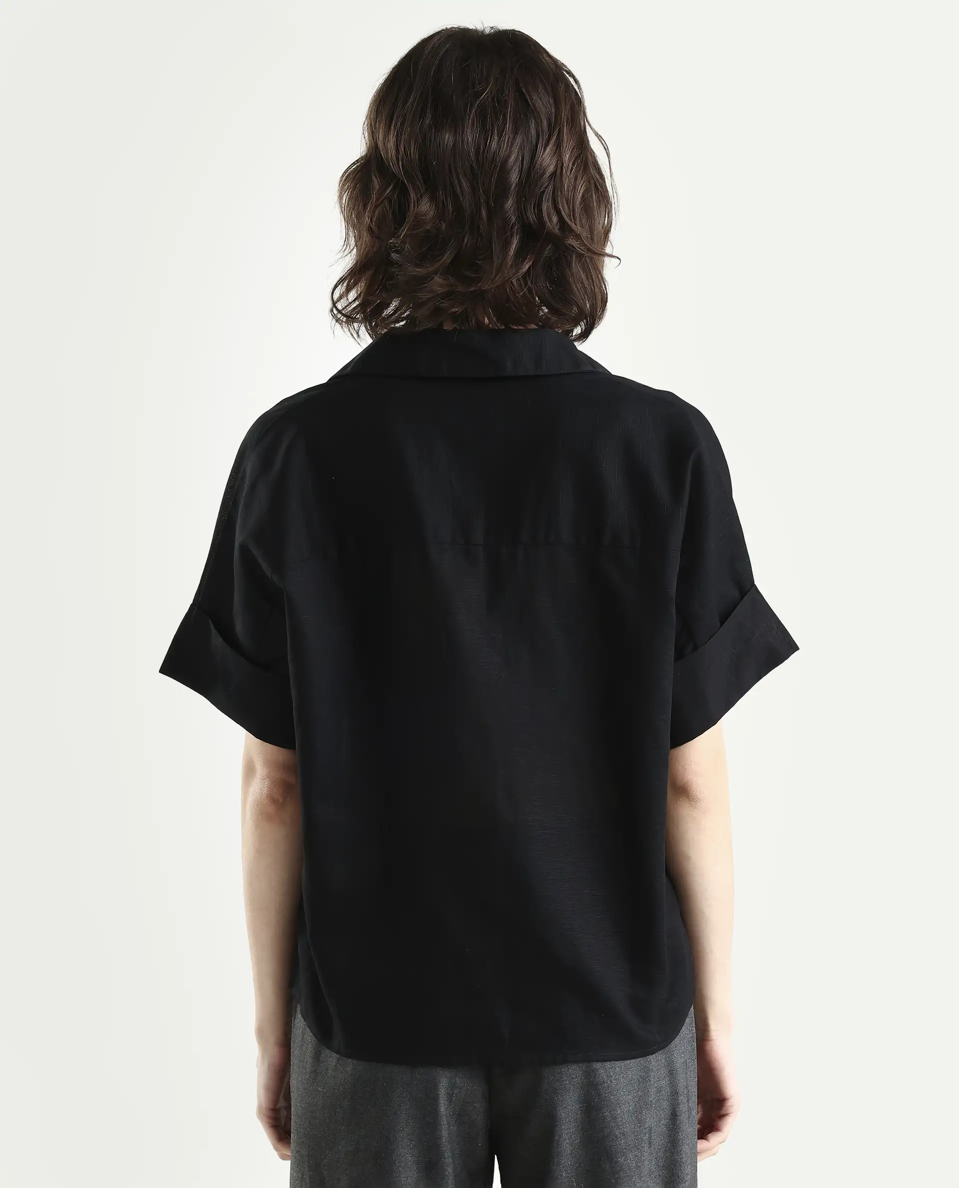Rareism Women's Alzure Black Linen Blend Half Sleeve Jonny Collar Boxy Plain Top - Image 7