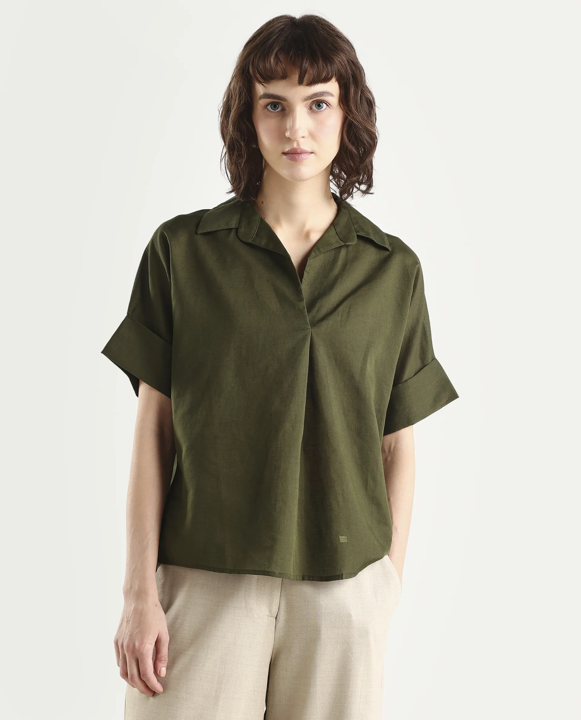Rareism Women's Alzure Olive Linen Blend Half Sleeve Jonny Collar Boxy Plain Top - Image 3