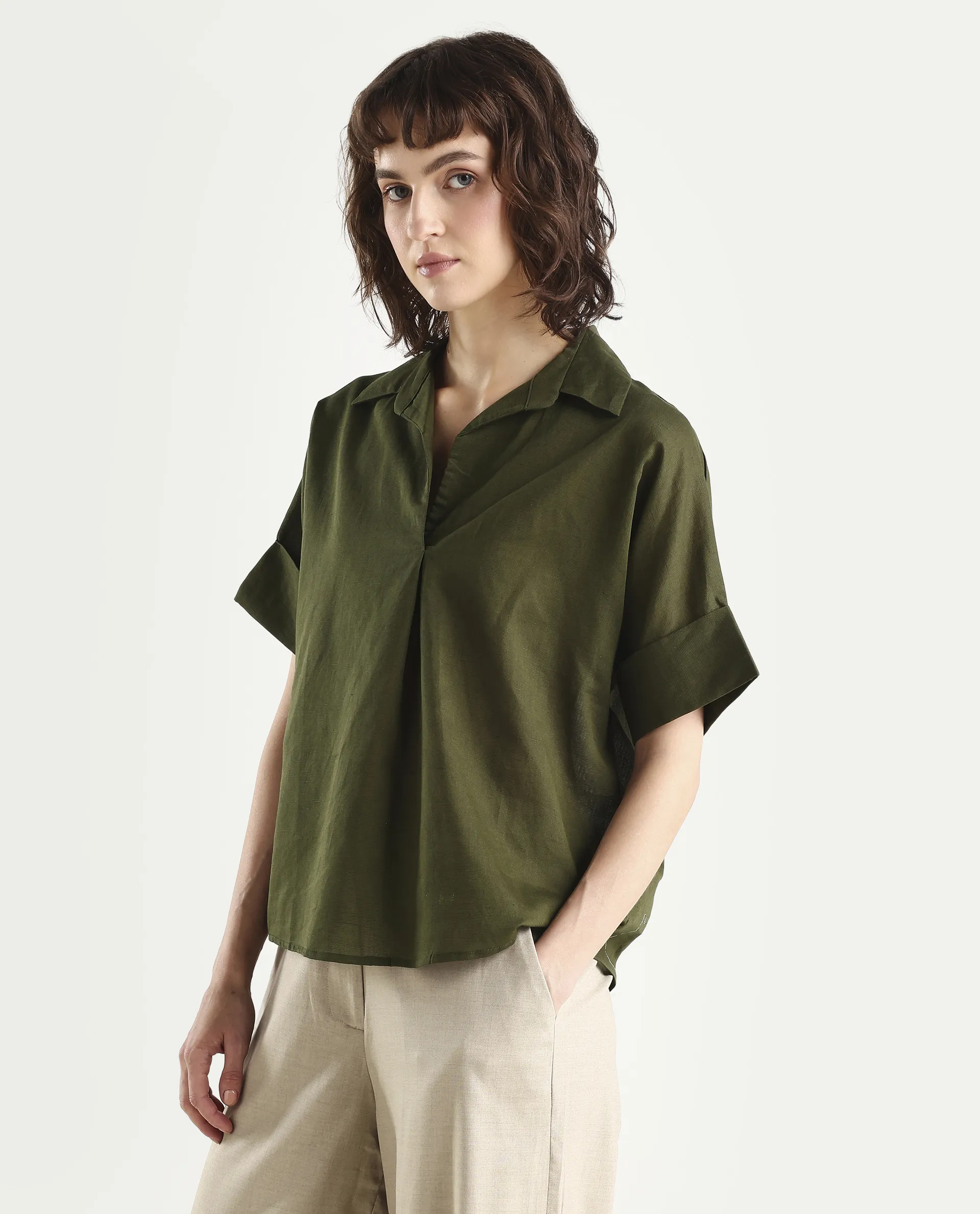 Rareism Women's Alzure Olive Linen Blend Half Sleeve Jonny Collar Boxy Plain Top - Image 5