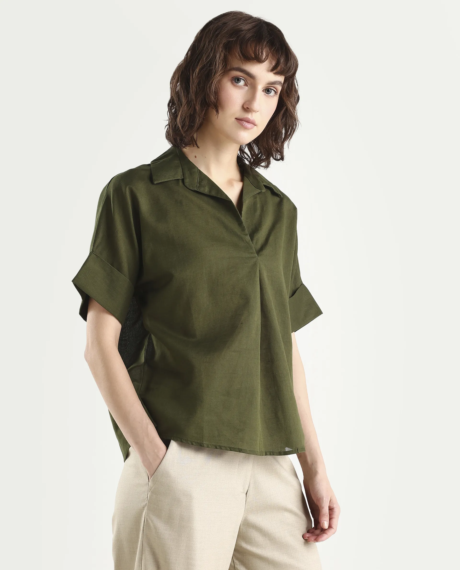 Rareism Women's Alzure Olive Linen Blend Half Sleeve Jonny Collar Boxy Plain Top - Image 6