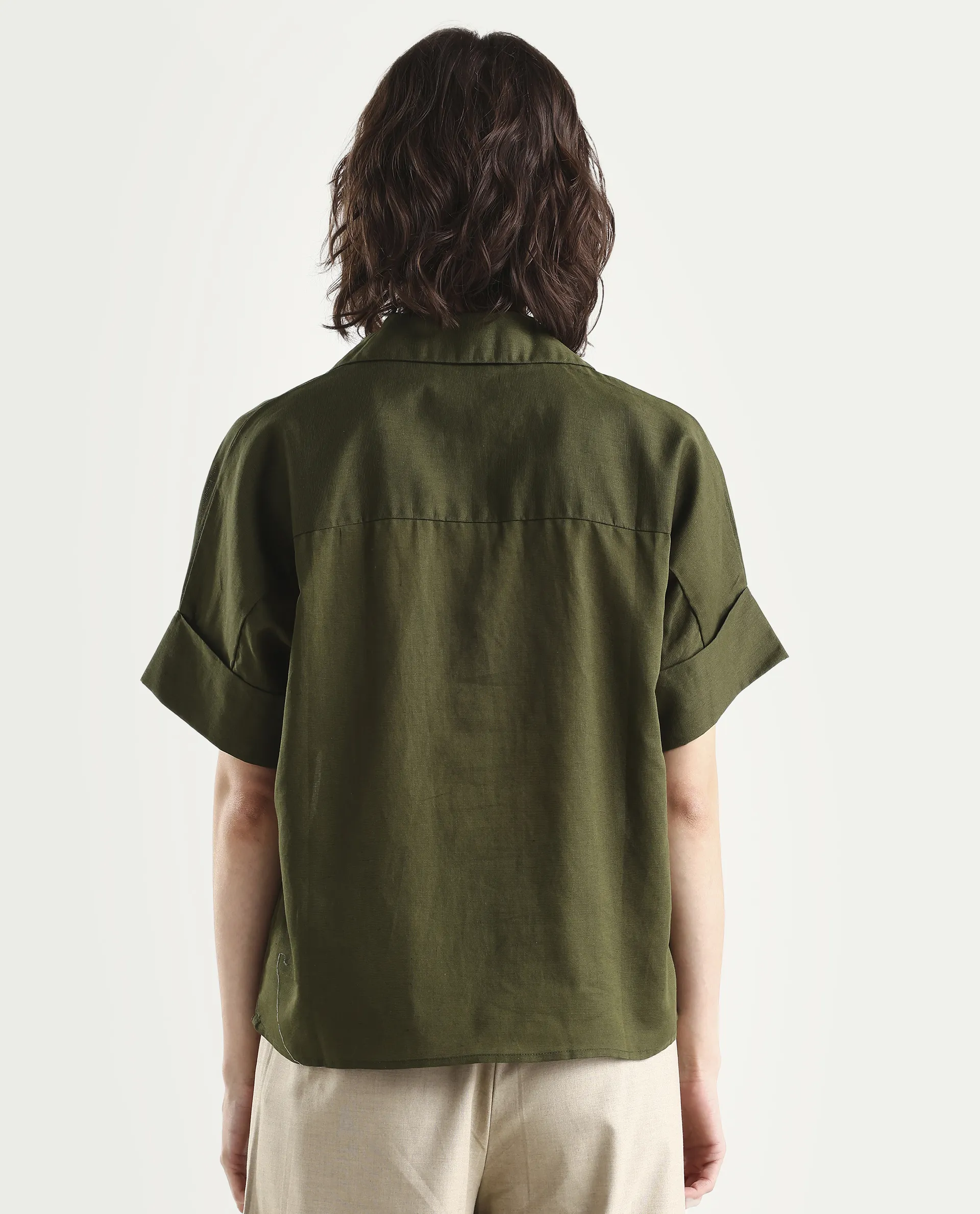 Rareism Women's Alzure Olive Linen Blend Half Sleeve Jonny Collar Boxy Plain Top - Image 7
