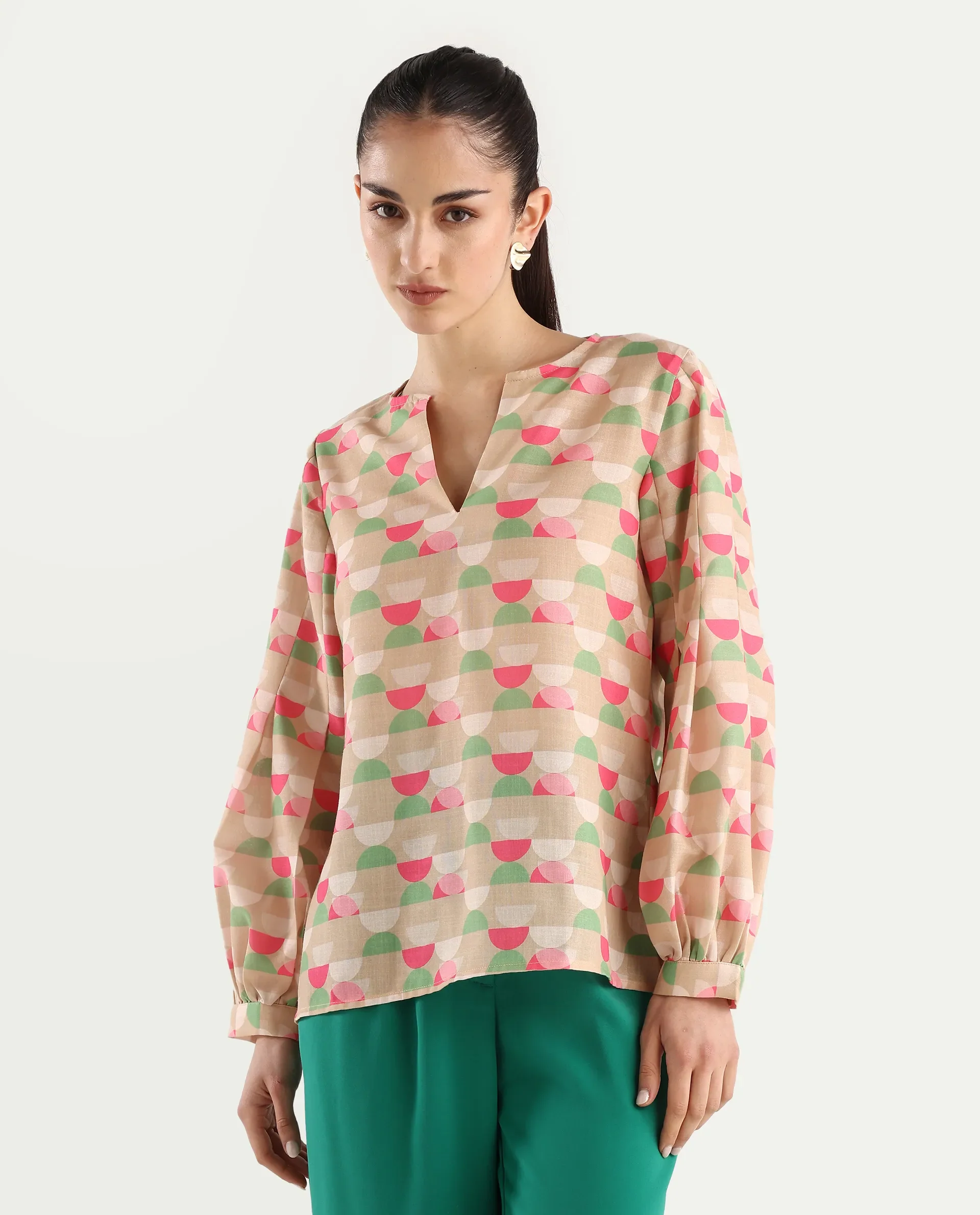 Rareism Women's Amaris Multi Linen V-Neck Geometric Print Bishop Sleeve Regular Fit Top - Image 3