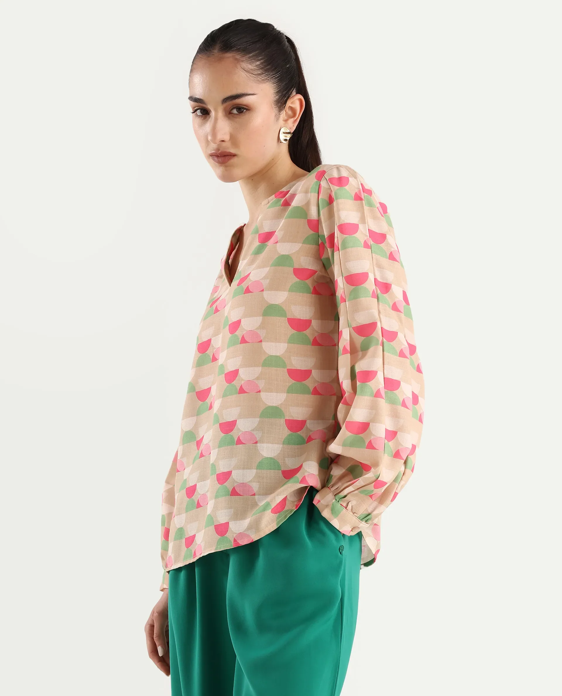 Rareism Women's Amaris Multi Linen V-Neck Geometric Print Bishop Sleeve Regular Fit Top - Image 5