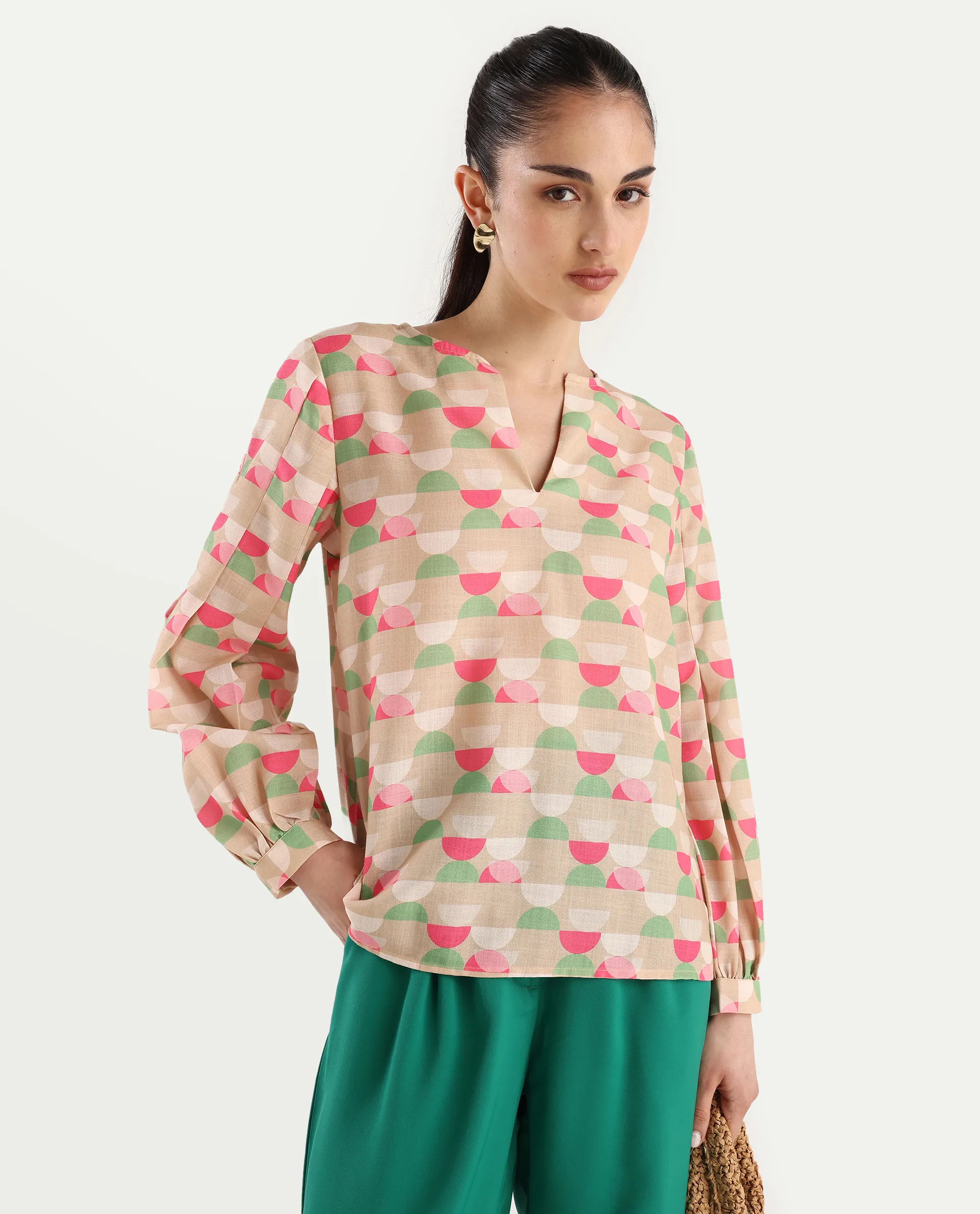 Rareism Women's Amaris Multi Linen V-Neck Geometric Print Bishop Sleeve Regular Fit Top - Image 6