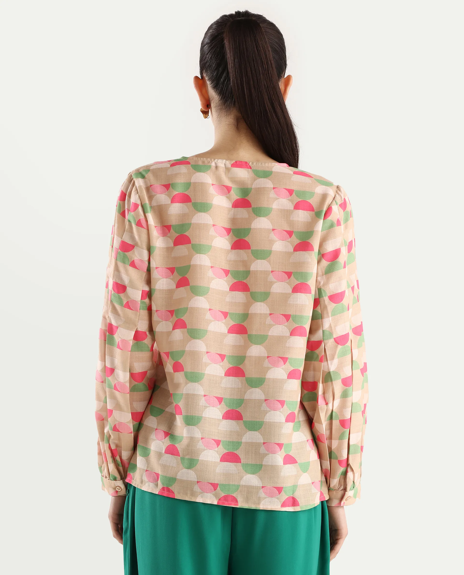 Rareism Women's Amaris Multi Linen V-Neck Geometric Print Bishop Sleeve Regular Fit Top - Image 7