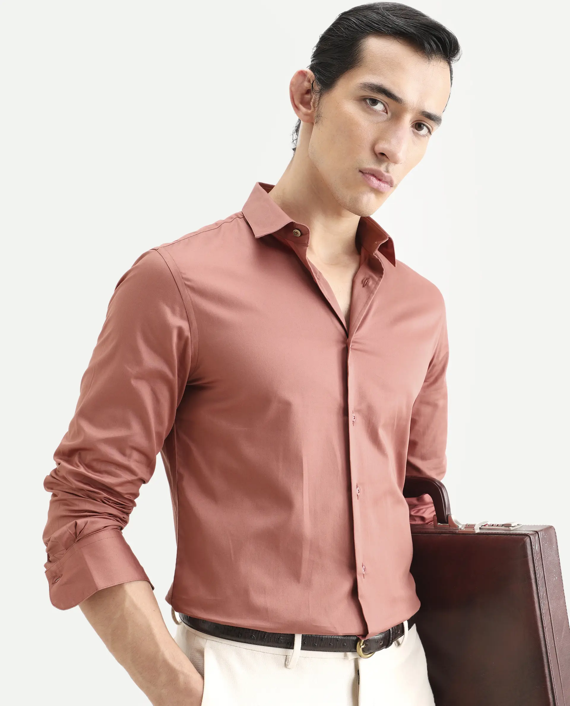 Rare Rabbit Men's Amask Dusky Rust Cotton Fabric Full Sleeve Spread Collar Regular Fit Plain Shirt