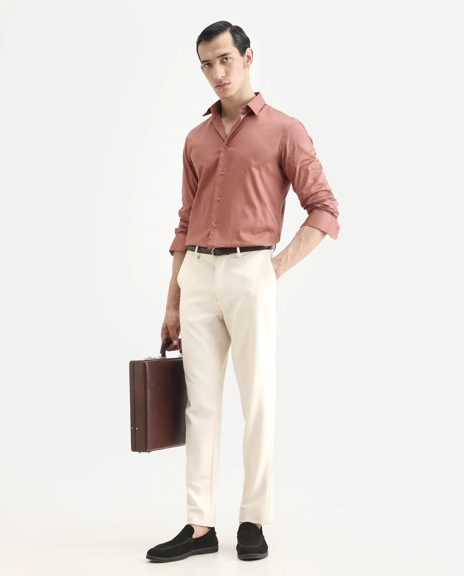 Rare Rabbit Men's Amask Dusky Rust Cotton Fabric Full Sleeve Spread Collar Regular Fit Plain Shirt - Image 2