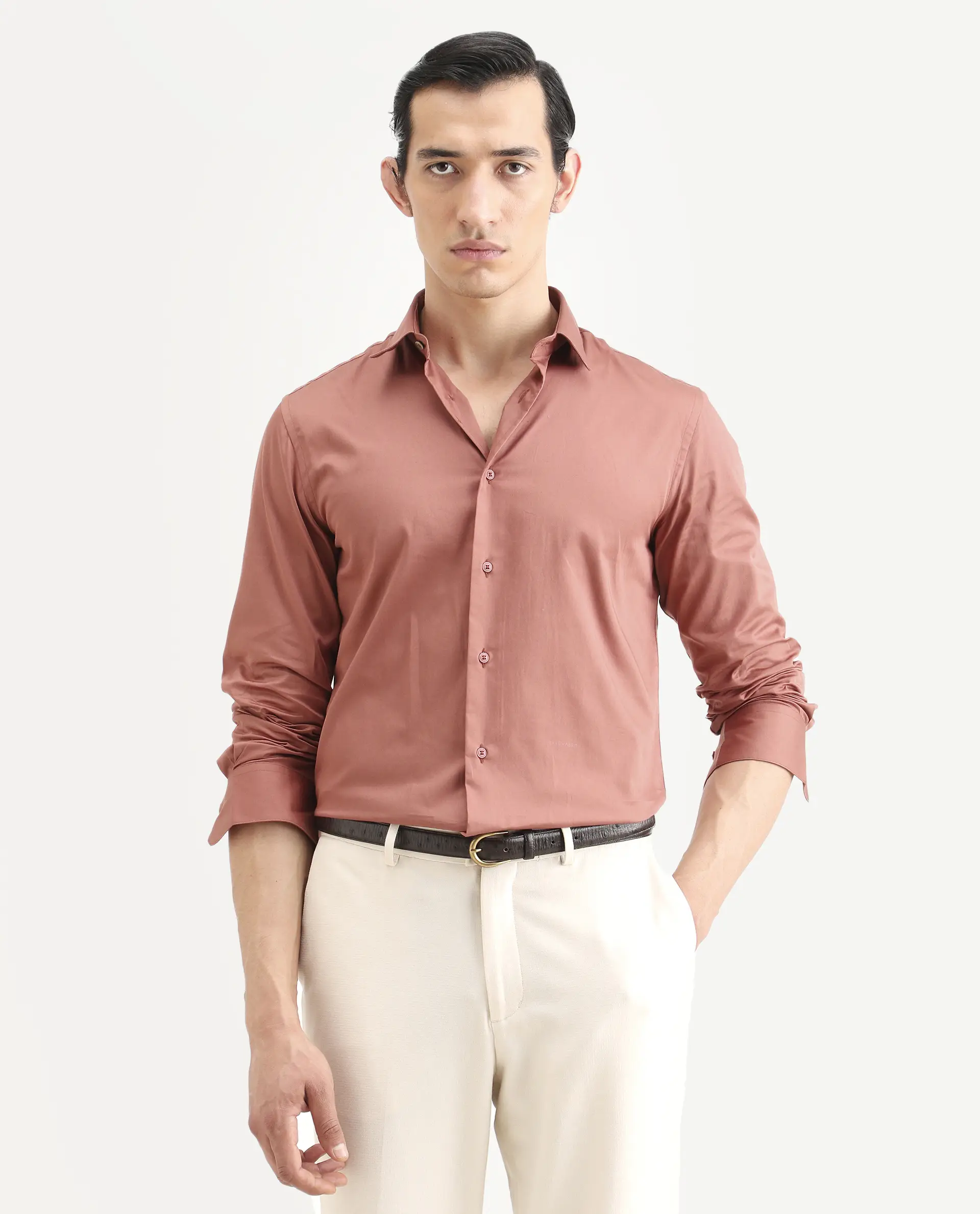 Rare Rabbit Men's Amask Dusky Rust Cotton Fabric Full Sleeve Spread Collar Regular Fit Plain Shirt - Image 4
