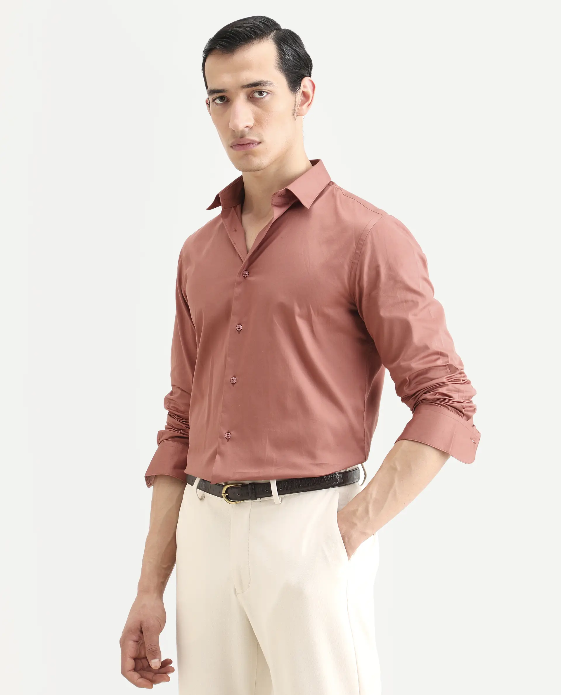 Rare Rabbit Men's Amask Dusky Rust Cotton Fabric Full Sleeve Spread Collar Regular Fit Plain Shirt - Image 5