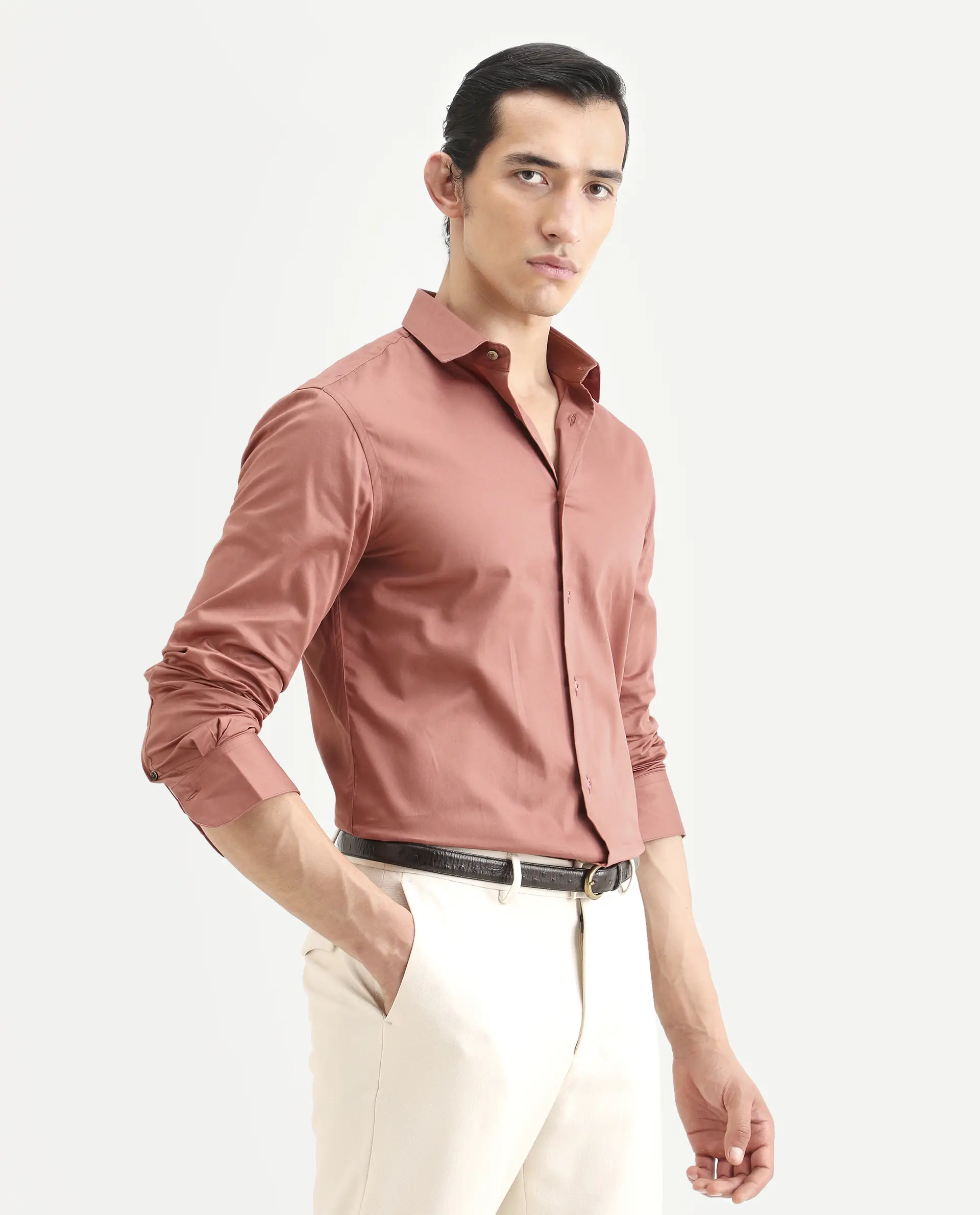 Rare Rabbit Men's Amask Dusky Rust Cotton Fabric Full Sleeve Spread Collar Regular Fit Plain Shirt - Image 6