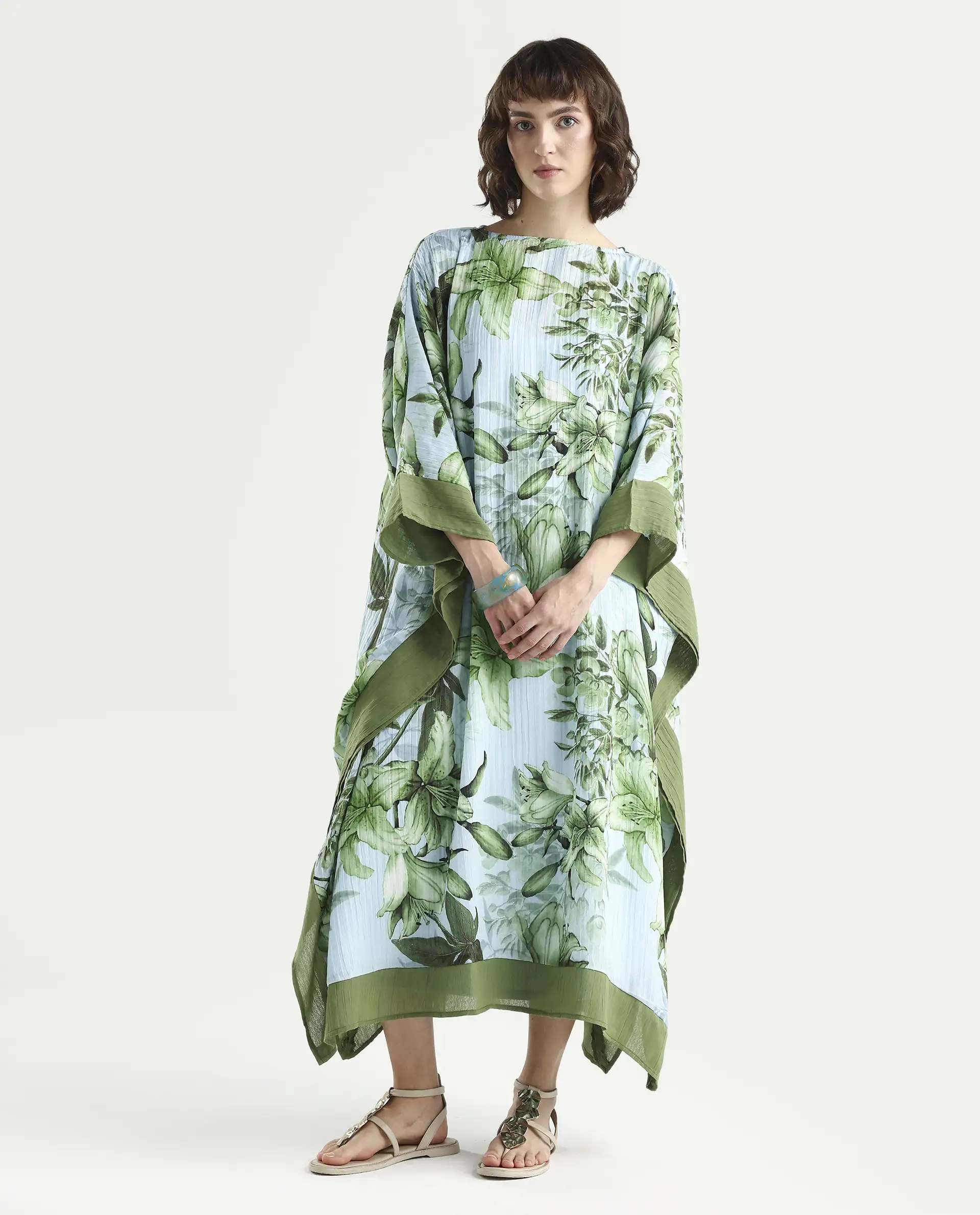 Rareism Women's Amat Light Blue Polyester Full Sleeve Kaftan Floral Print Dress - Image 2