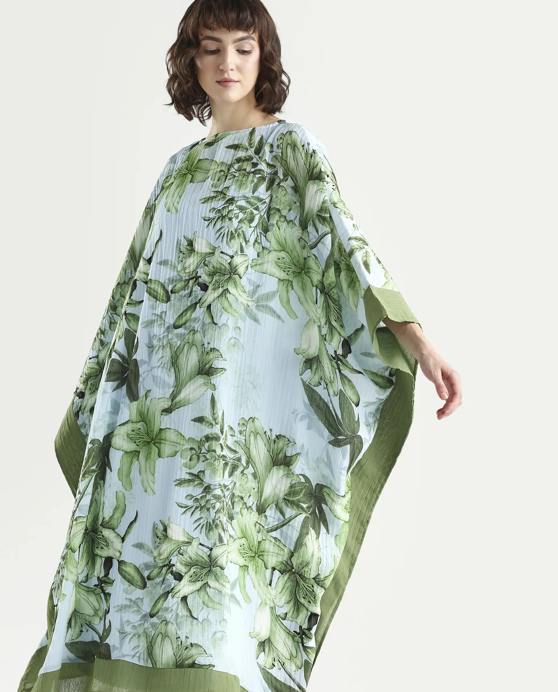 Rareism Women's Amat Light Blue Polyester Full Sleeve Kaftan Floral Print Dress - Image 3