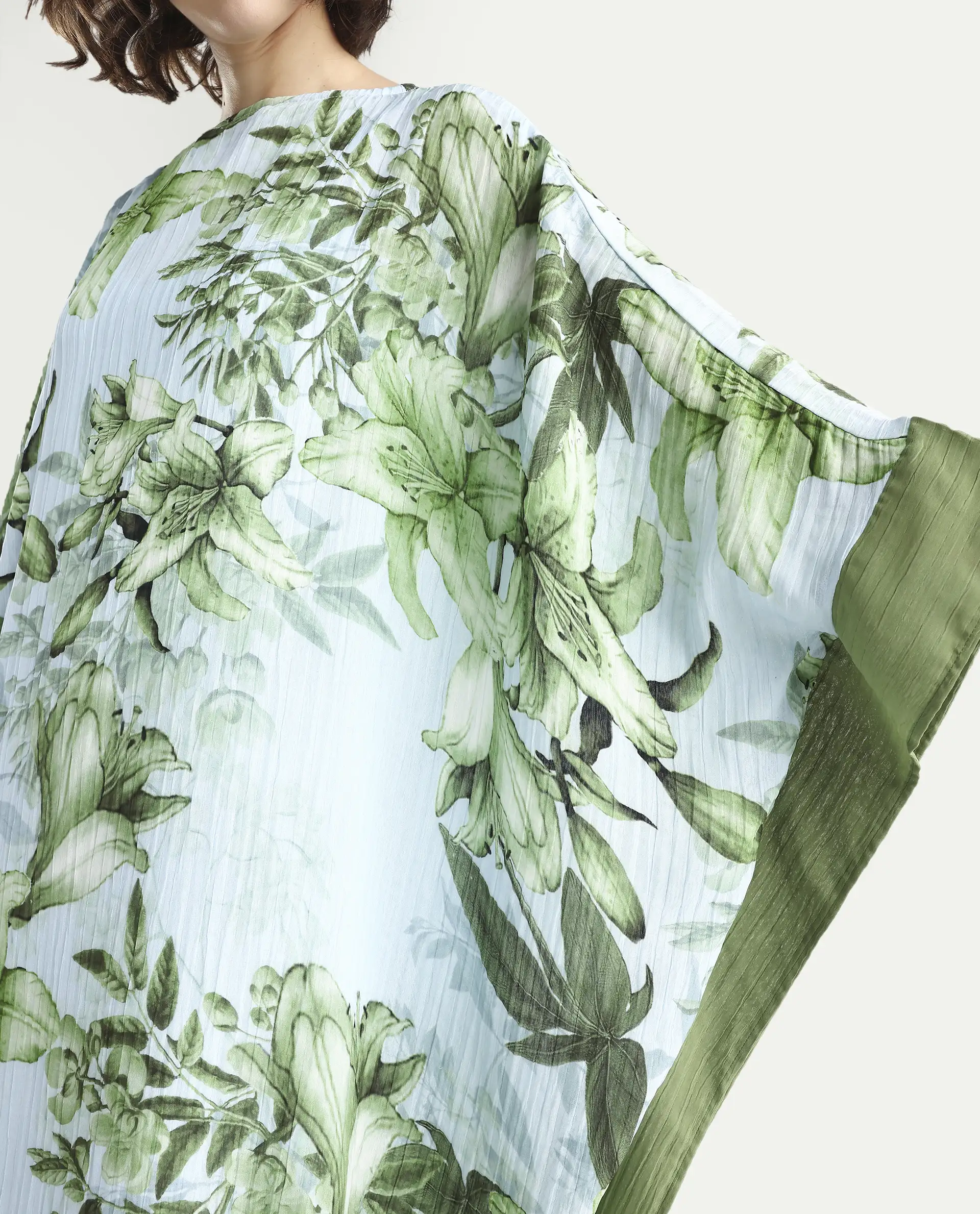 Rareism Women's Amat Light Blue Polyester Full Sleeve Kaftan Floral Print Dress - Image 4