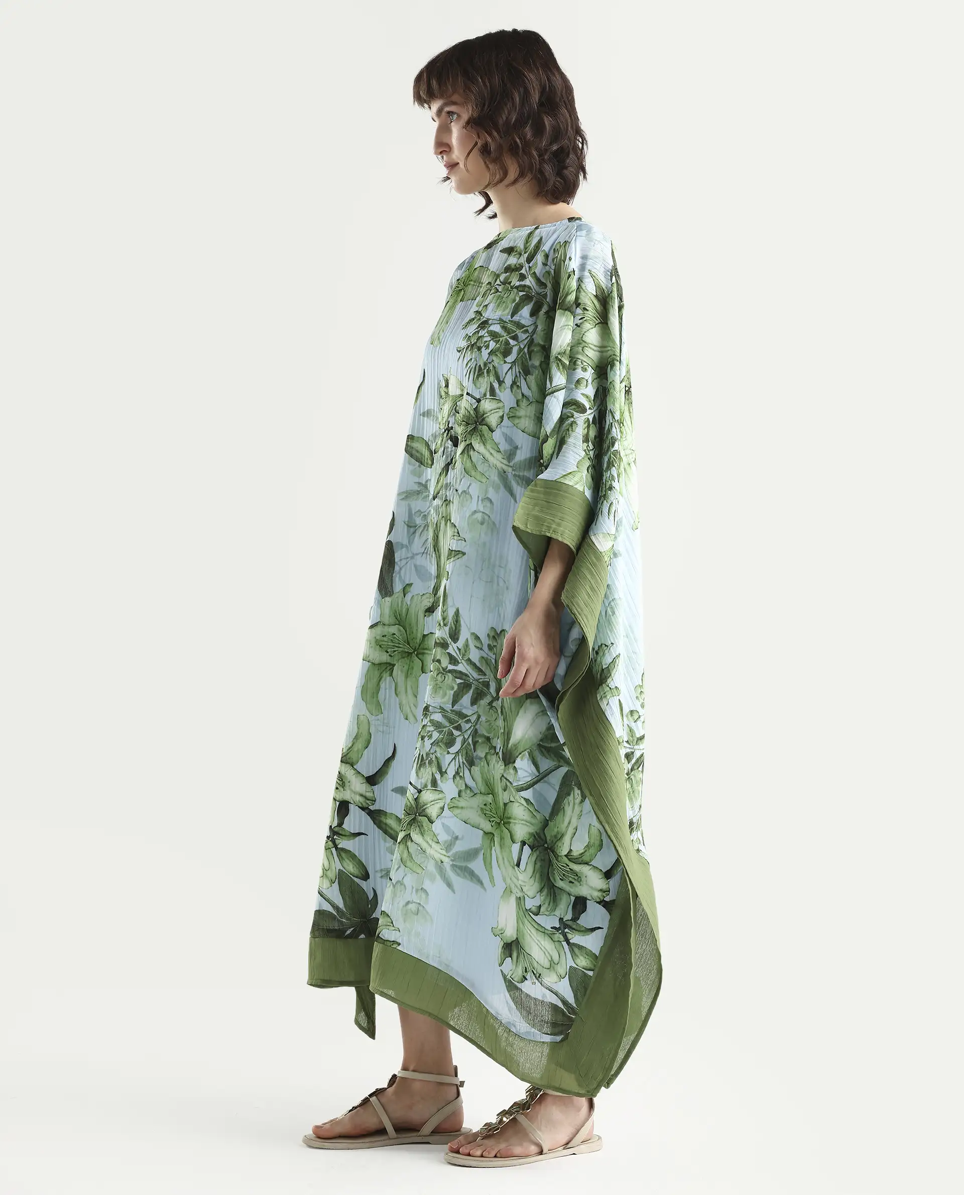 Rareism Women's Amat Light Blue Polyester Full Sleeve Kaftan Floral Print Dress - Image 6