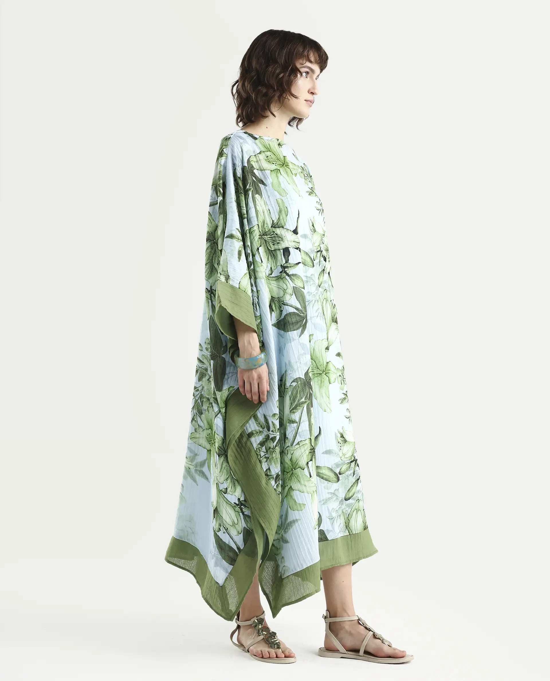 Rareism Women's Amat Light Blue Polyester Full Sleeve Kaftan Floral Print Dress - Image 7