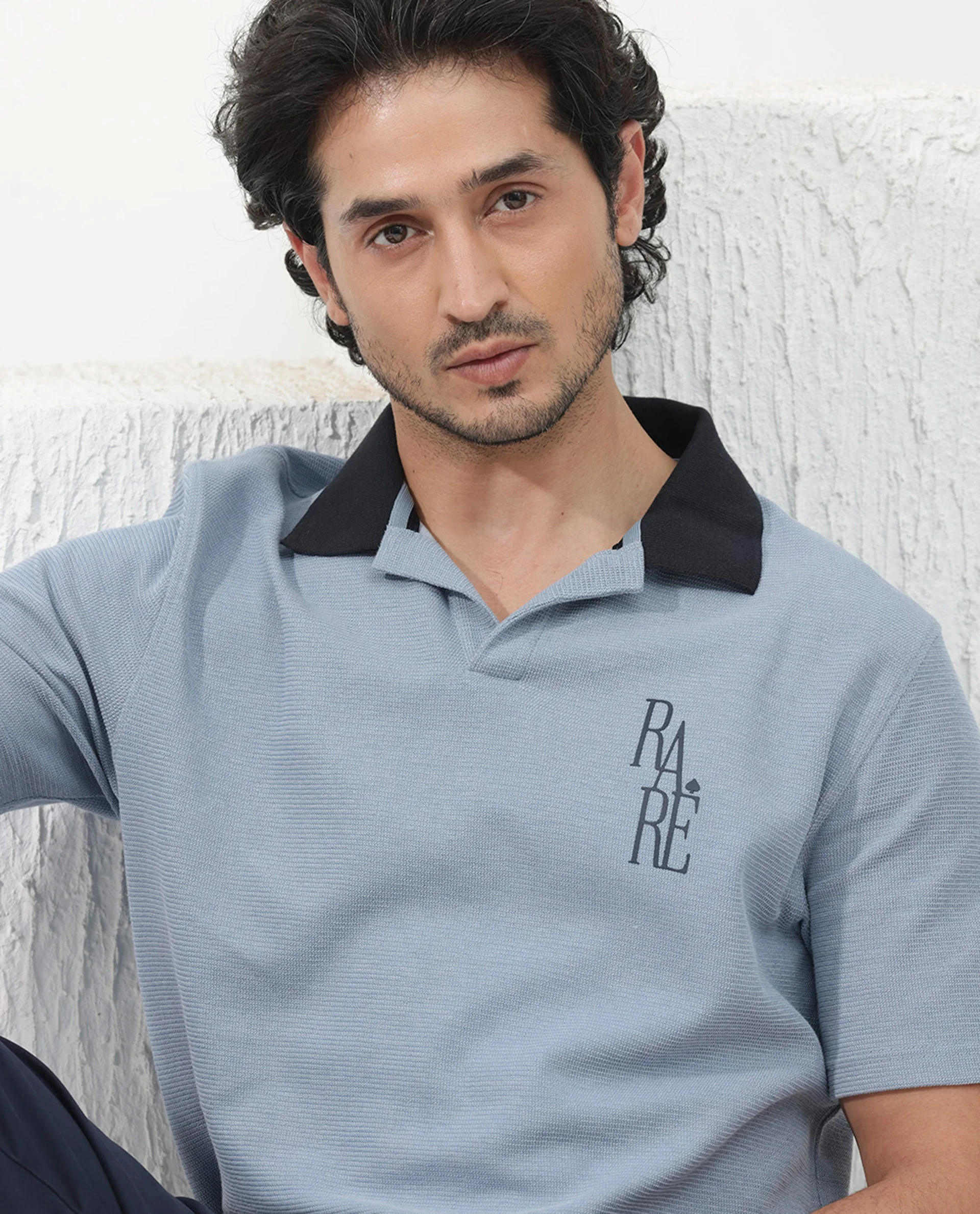 Rare Rabbit Men's Amber Dusky Blue Cotton Blend Graphic Print Relaxed Fit Half Sleeve Polo