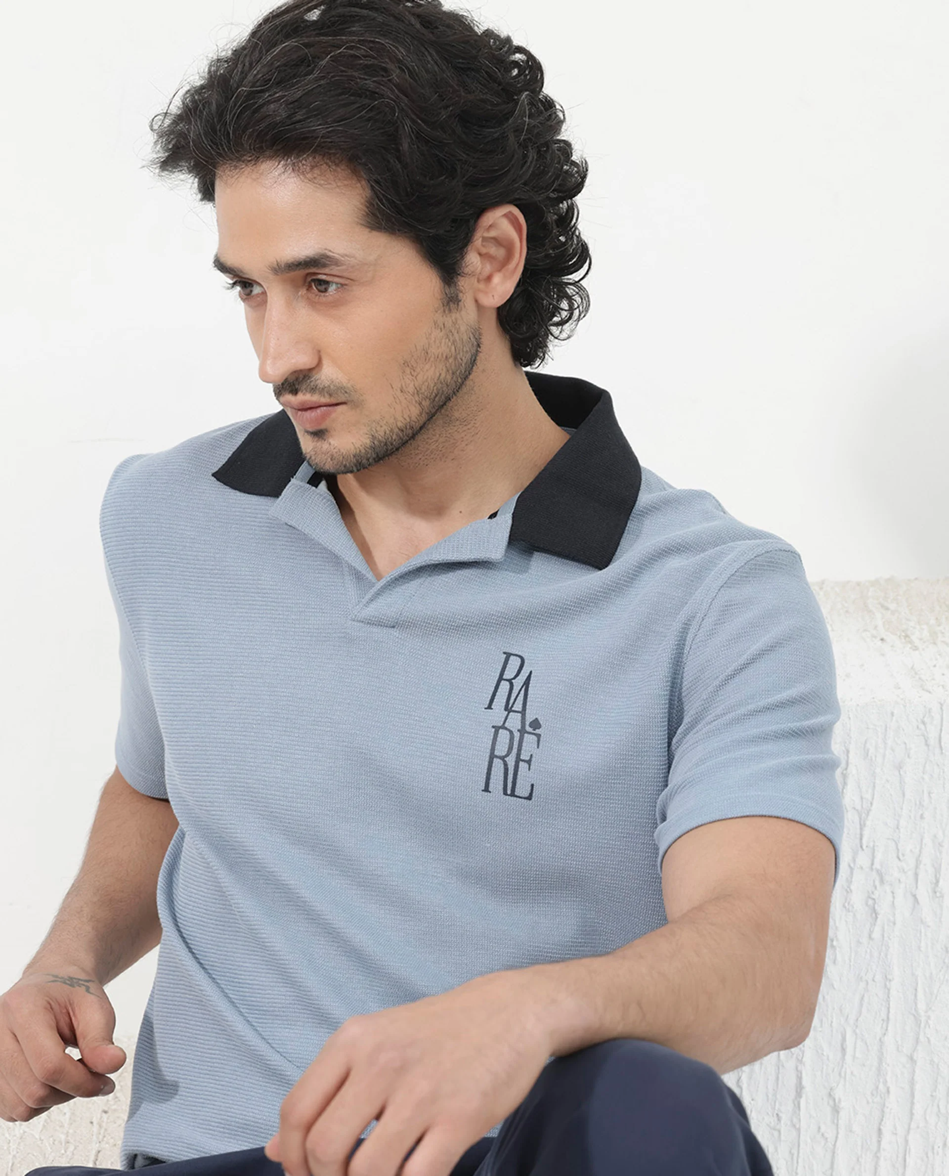 Rare Rabbit Men's Amber Dusky Blue Cotton Blend Graphic Print Relaxed Fit Half Sleeve Polo - Image 4