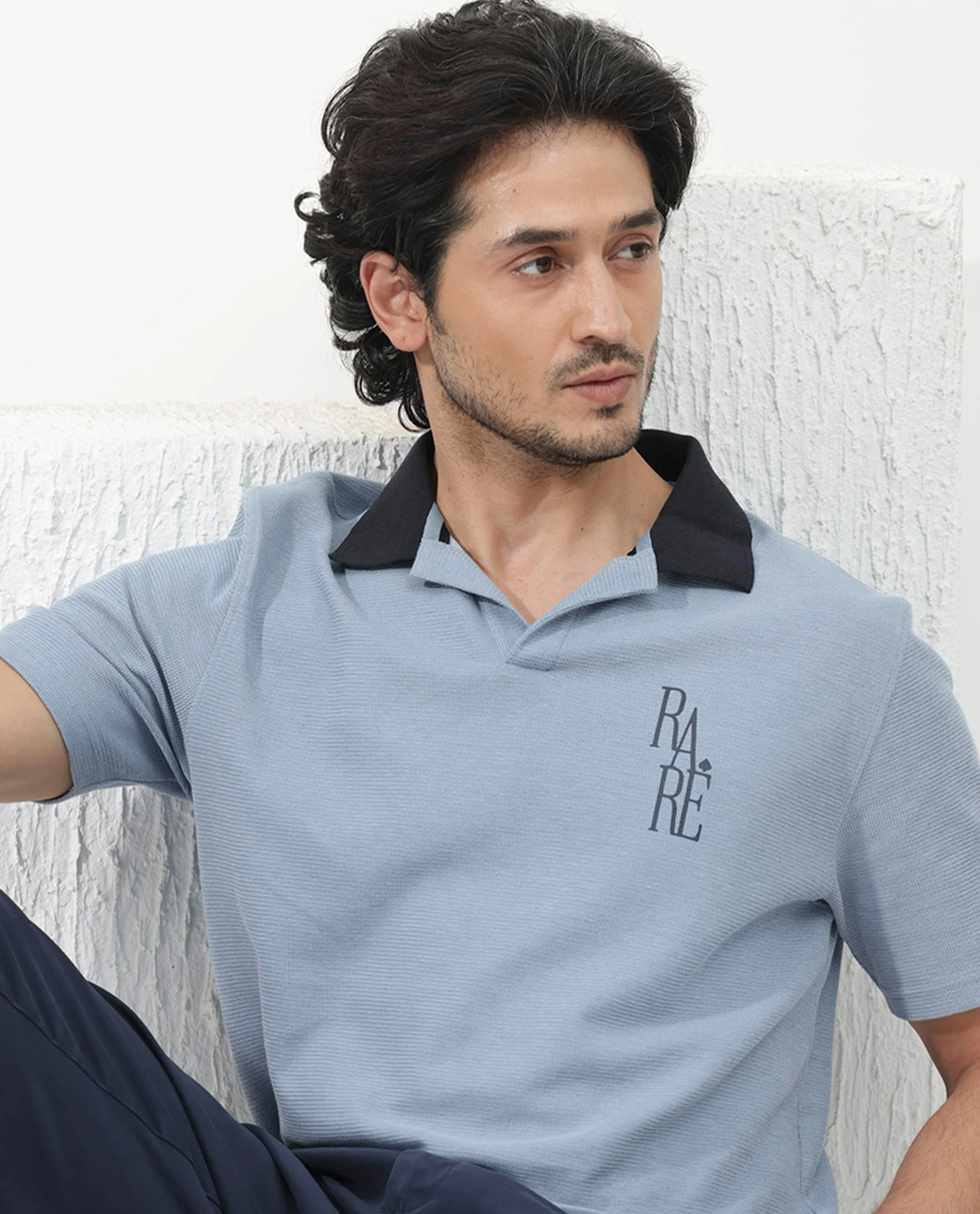Rare Rabbit Men's Amber Dusky Blue Cotton Blend Graphic Print Relaxed Fit Half Sleeve Polo - Image 5