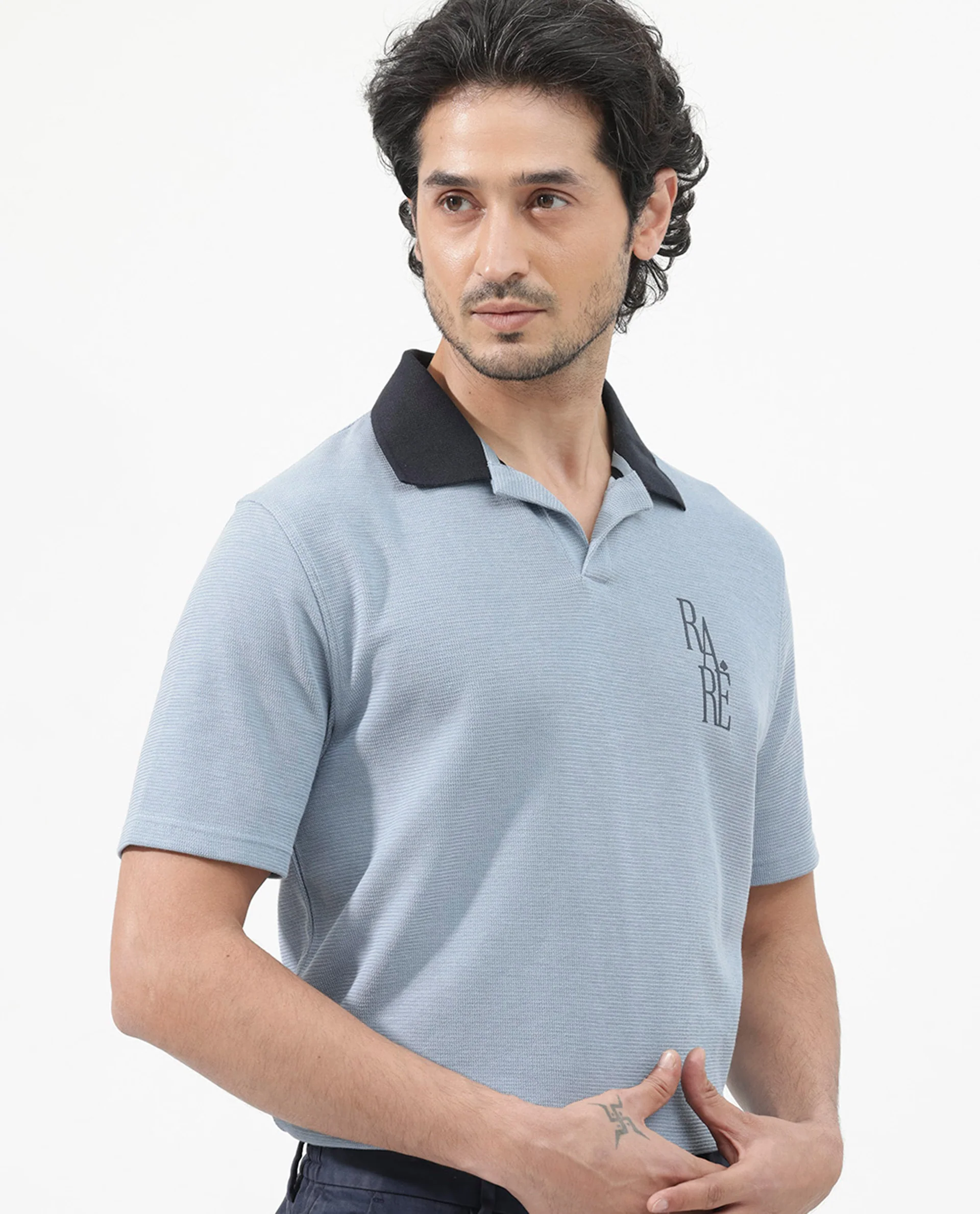 Rare Rabbit Men's Amber Dusky Blue Cotton Blend Graphic Print Relaxed Fit Half Sleeve Polo - Image 8
