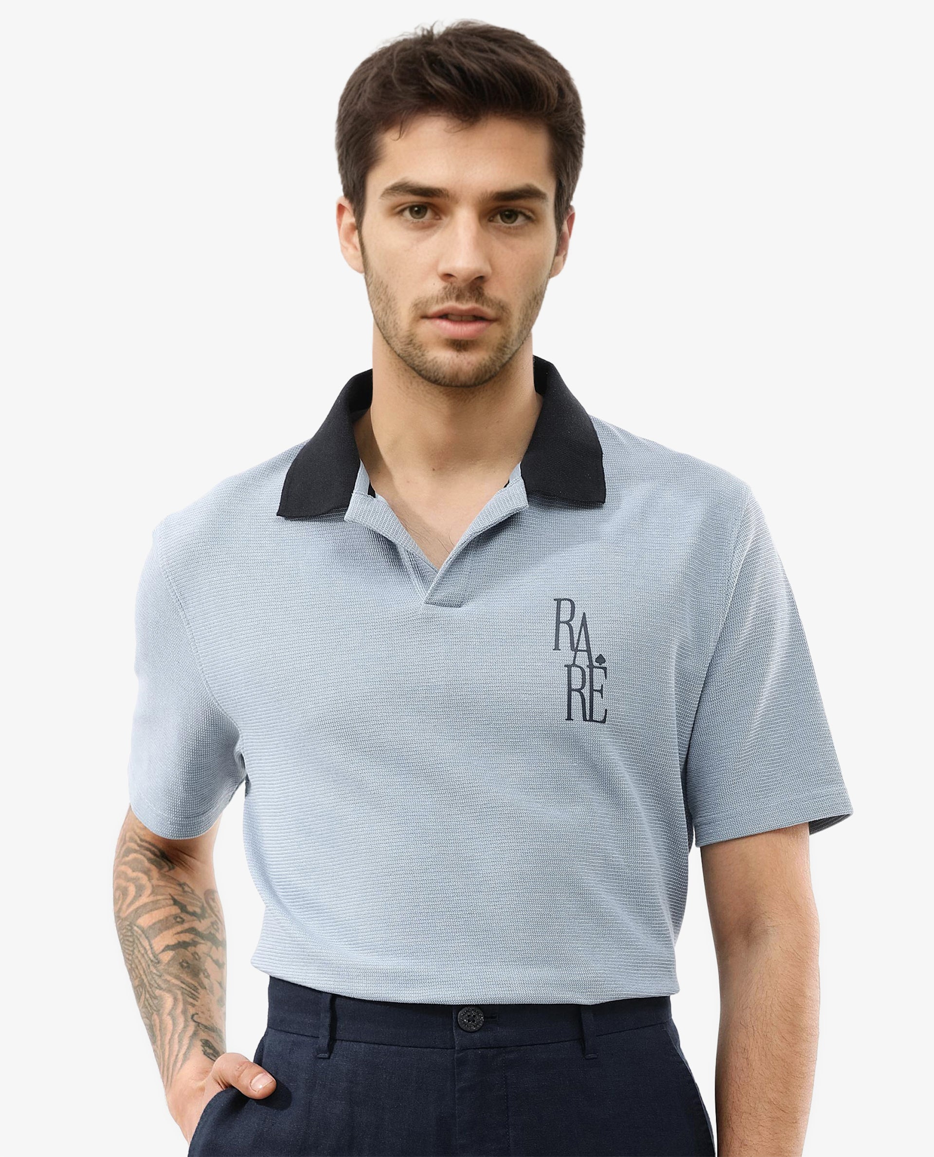 Rare Rabbit Men's Amber Dusky Blue Cotton Blend Graphic Print Relaxed Fit Half Sleeve Polo - Image 9