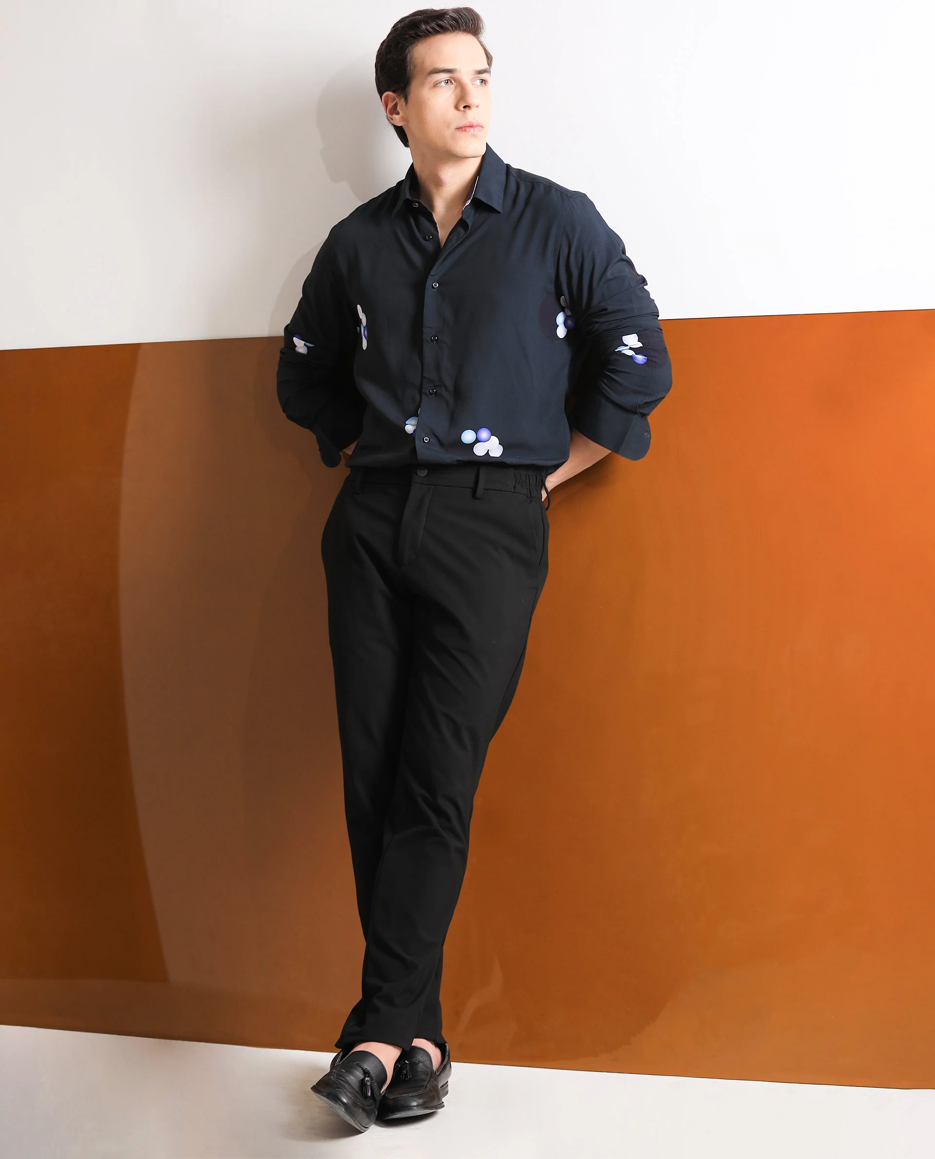 Rare Rabbit Men's Amber Dark Petrol Viscose Abstract Print Regular Fit Full Sleeve Collared Shirt - Image 3