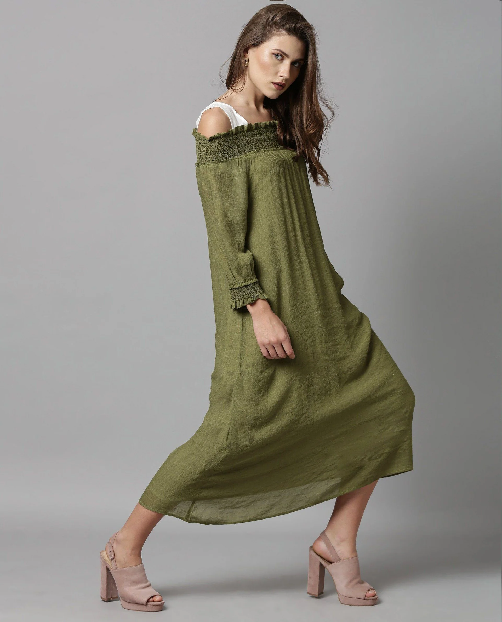 Rareism Women Amber Green Dress Short Sleeves