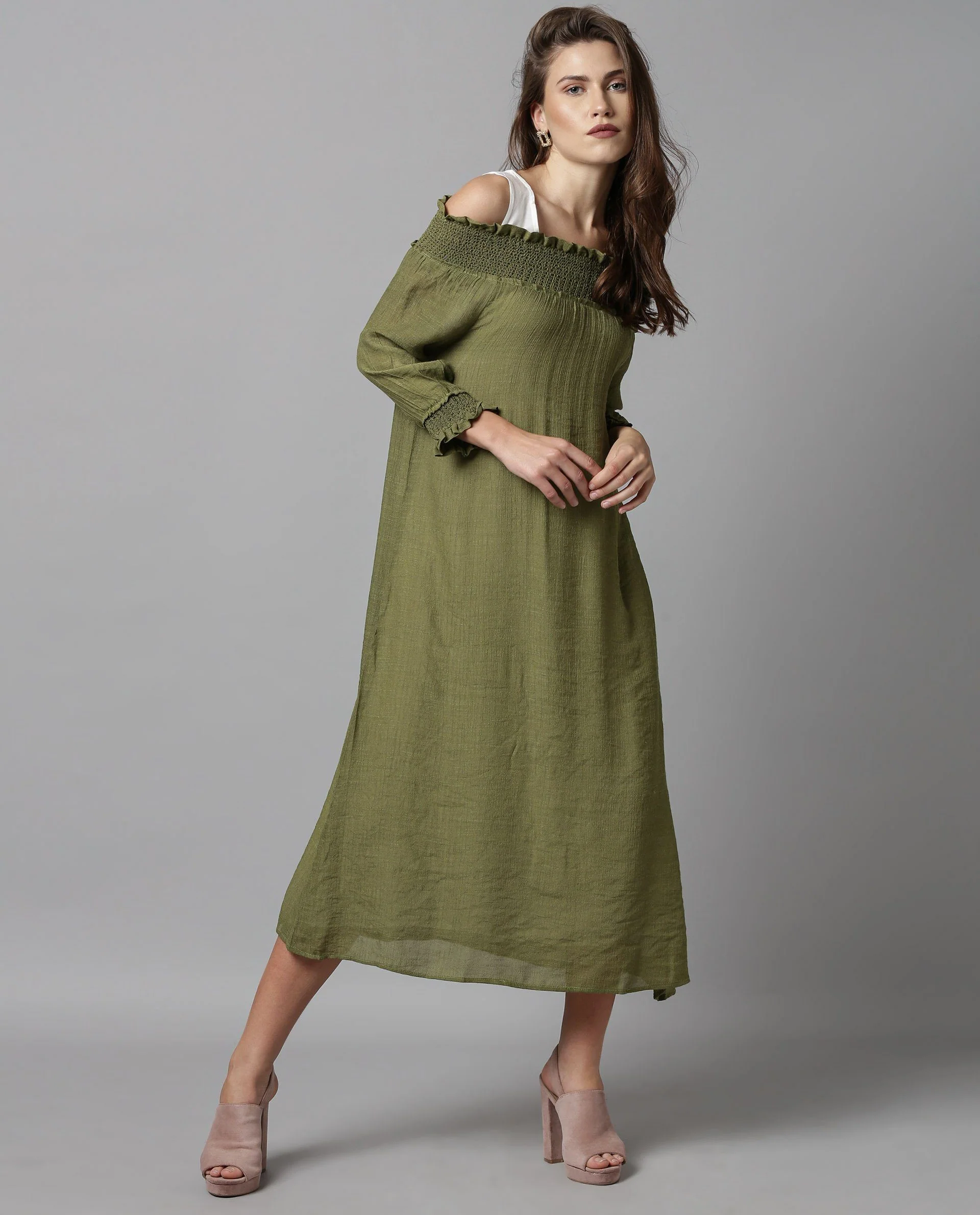 Rareism Women Amber Green Dress Short Sleeves - Image 3