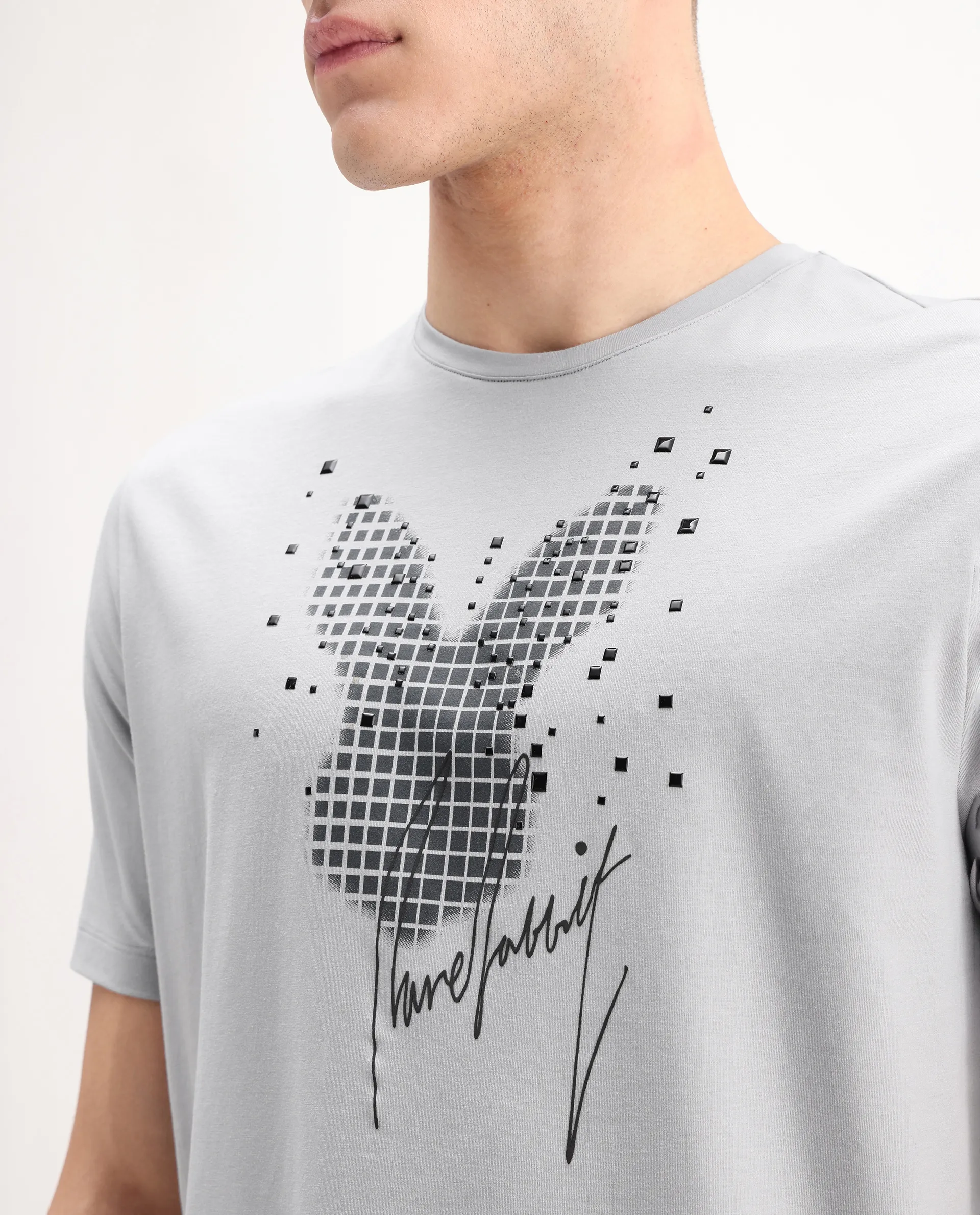 Rare Rabbit Men's Ambi Light Grey Cotton Blend Graphic Print Regular Fit Half Sleeve Crew Neck T-Shirt - Image 3