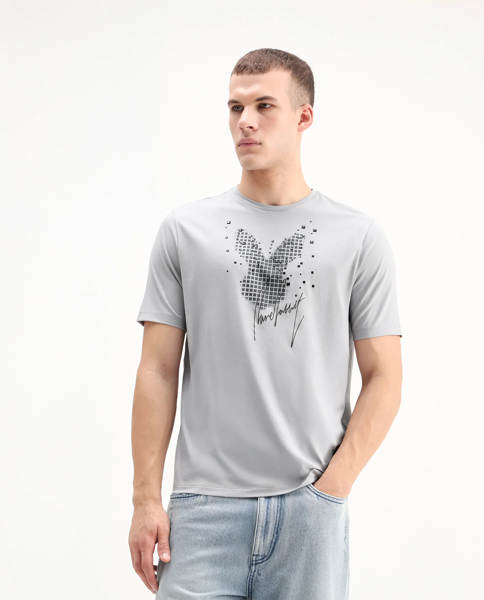 Rare Rabbit Men's Ambi Light Grey Cotton Blend Graphic Print Regular Fit Half Sleeve Crew Neck T-Shirt - Image 4