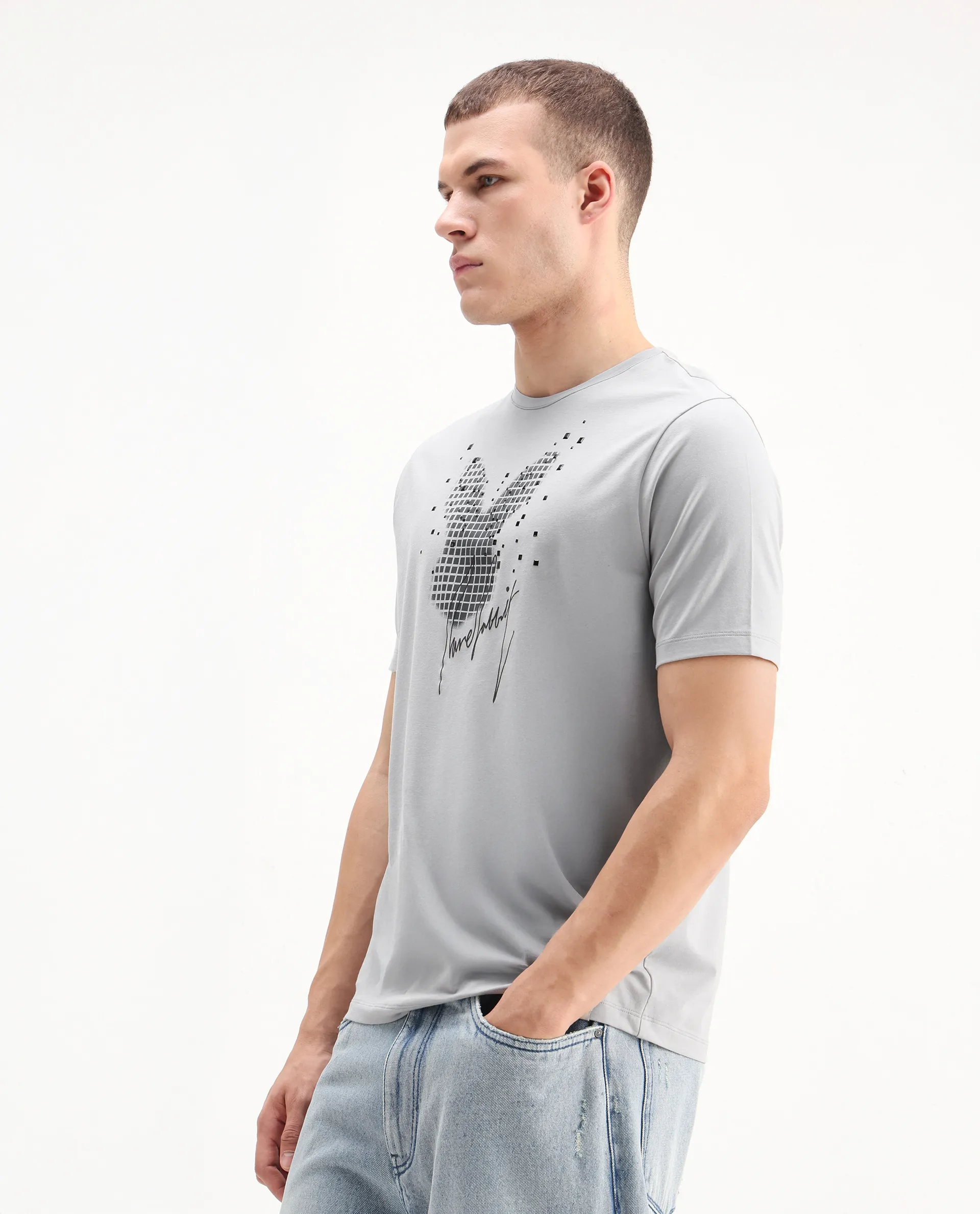 Rare Rabbit Men's Ambi Light Grey Cotton Blend Graphic Print Regular Fit Half Sleeve Crew Neck T-Shirt - Image 5