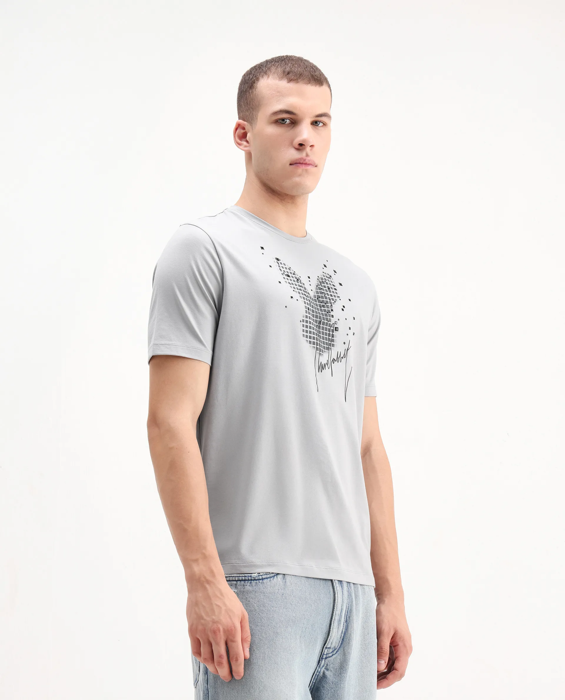 Rare Rabbit Men's Ambi Light Grey Cotton Blend Graphic Print Regular Fit Half Sleeve Crew Neck T-Shirt - Image 6