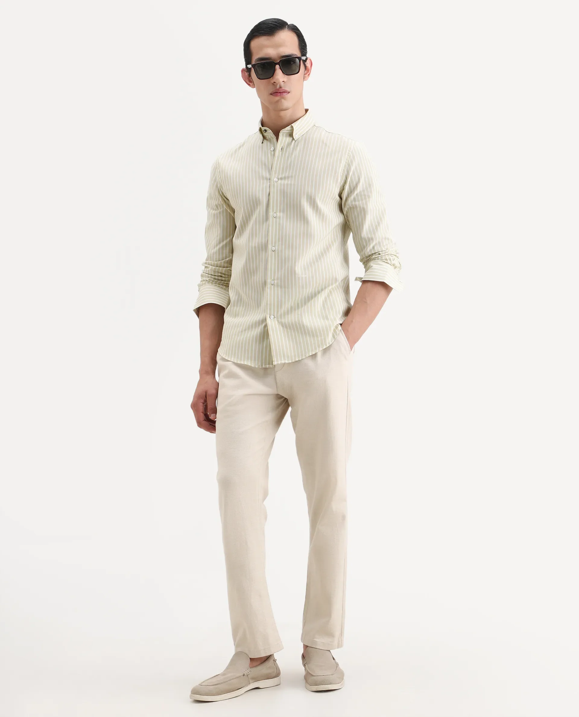 Rare Rabbit Men's Amble Dusky Green Cotton Blend Fabric Spread Collar Regular Fit Striped Shirt - Image 2